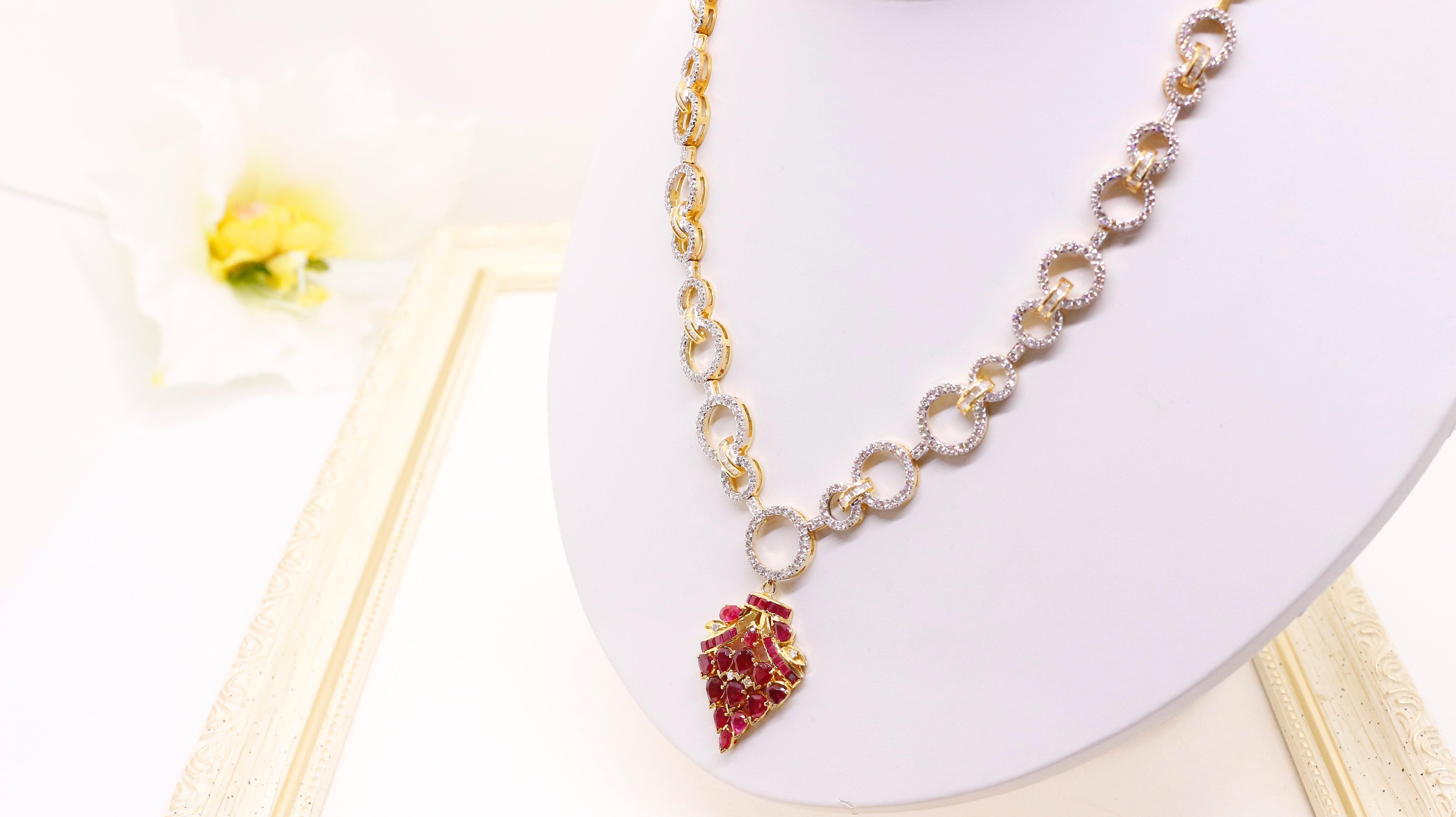 Ruby Bouquet Necklace: Pendant with Hoop Diamond Necklace For Sale 1