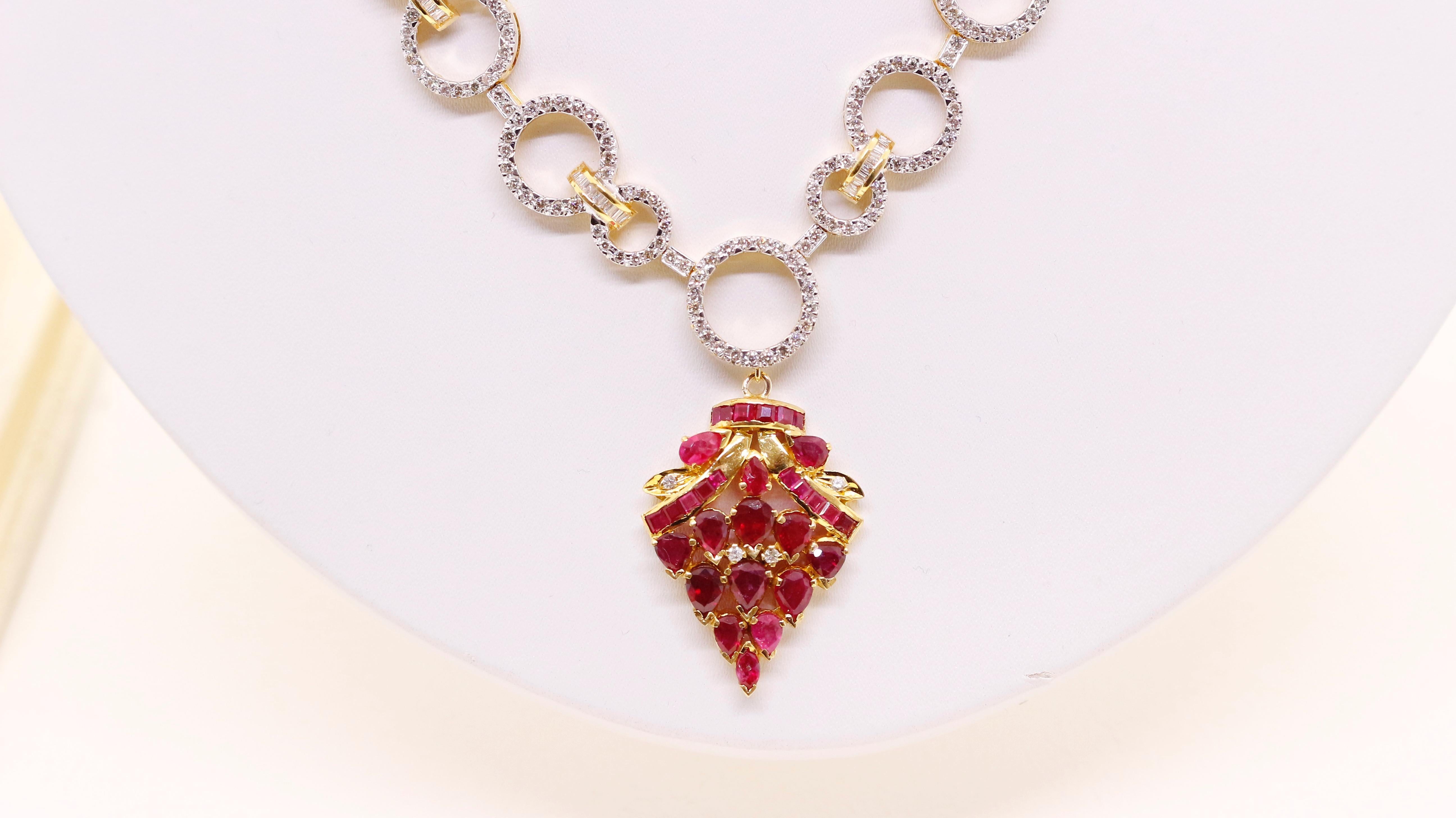 Ruby Bouquet Necklace: Pendant with Hoop Diamond Necklace For Sale 2