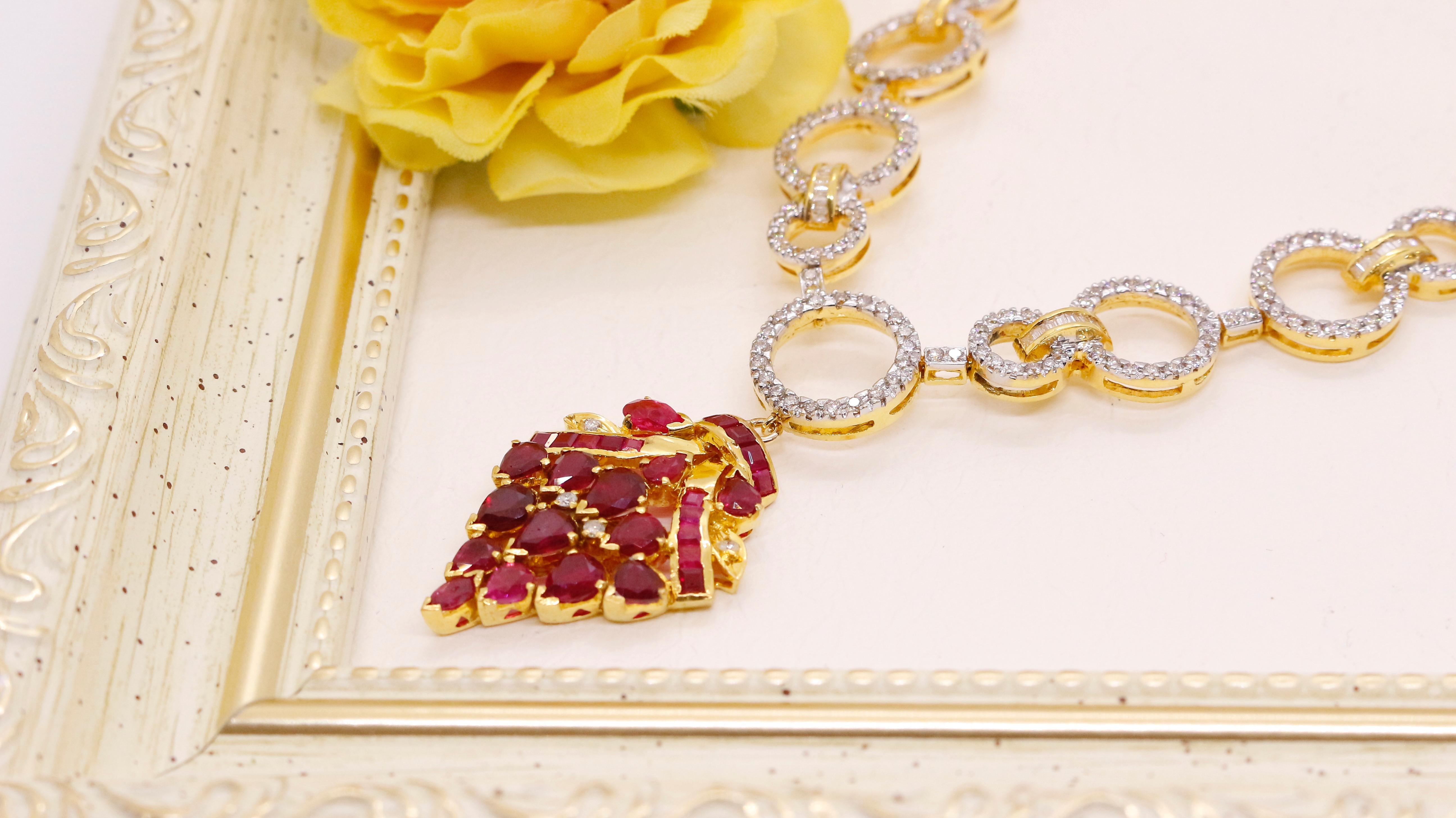 Ruby Bouquet Necklace: Pendant with Hoop Diamond Necklace For Sale 3