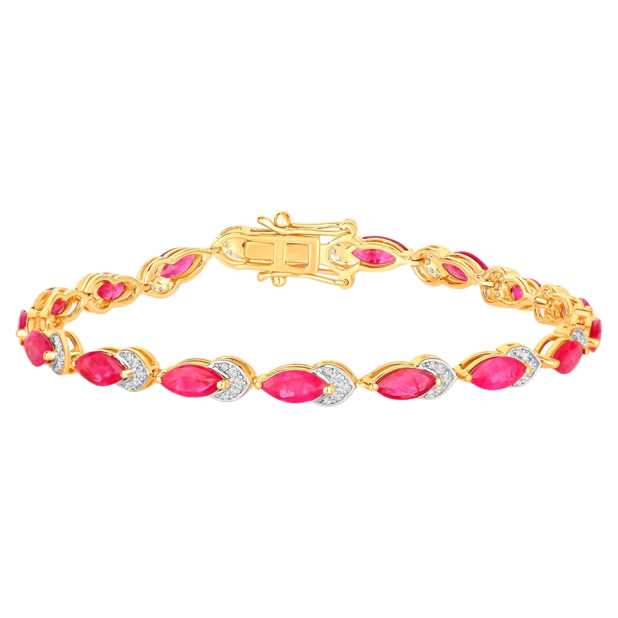 Ruby Bracelet With Diamonds 6.76 Carats 14K Yellow Gold For Sale