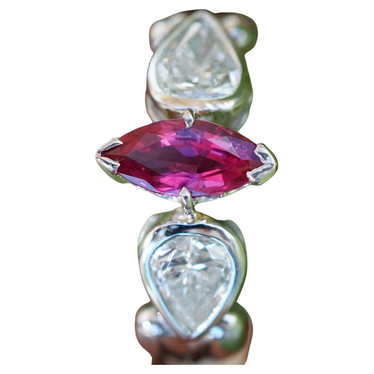 Rubin Brilliant Tropfen Ring in 900 Platin AAA 0,96 ct 2x 0,465 ct W lupenrein (Moderne) im Angebot