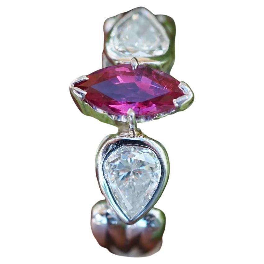 Rubin Brilliant Tropfen Ring in 900 Platin AAA 0,96 ct 2x 0,465 ct W lupenrein (Tropfenschliff) im Angebot