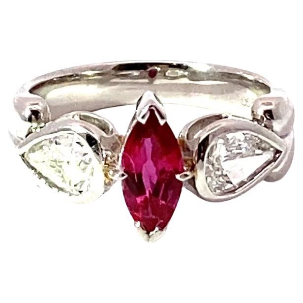 Ruby Brilliant Drop Ring in 900 Platinum AAA+ 0.96 ct 2x 0.465 ct W flawless