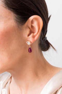 Ruby Briolette Drops, Keshi Pearls, Diamond Earrings in 18 Karat Rose Gold