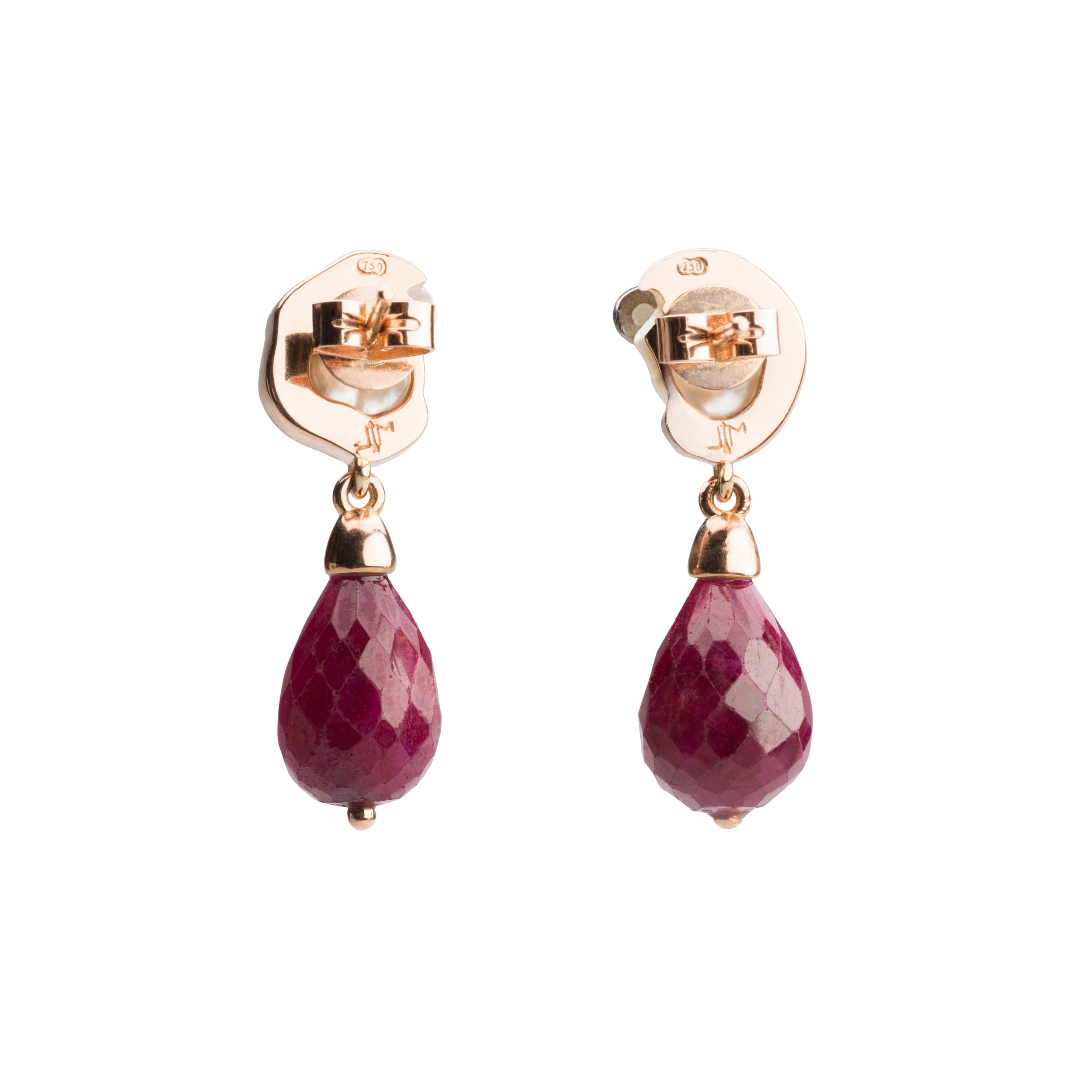 Contemporary Ruby Briolette Drops, Keshi Pearls, Diamond Earrings in 18 Karat Rose Gold For Sale