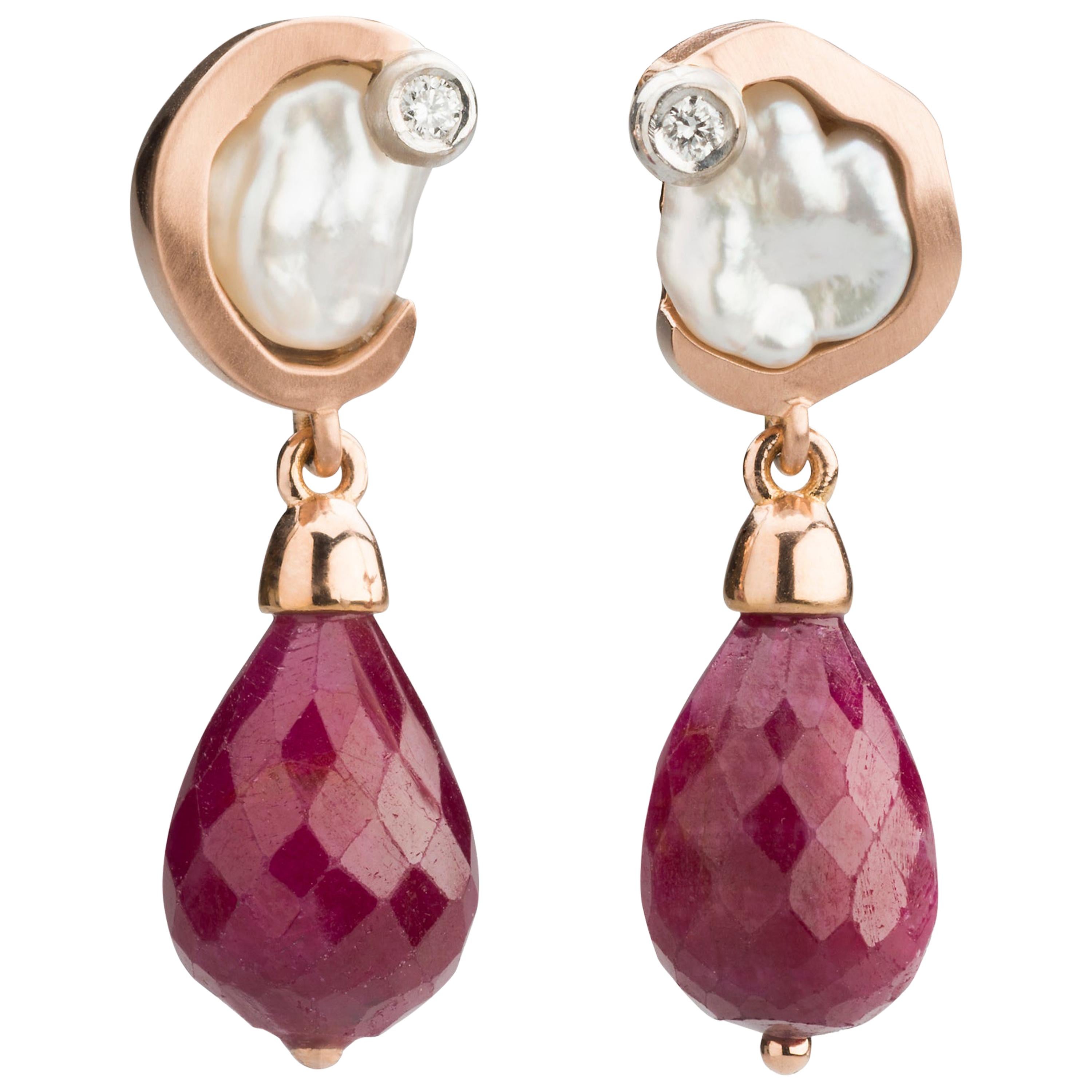 Ruby Briolette Drops, Keshi Pearls, Diamond Earrings in 18 Karat Rose Gold For Sale