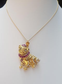 Ruby, Brown Diamond, Blue Sapphire Pug/Bull Dog Pendant/Brooch in 18 Karat Gold