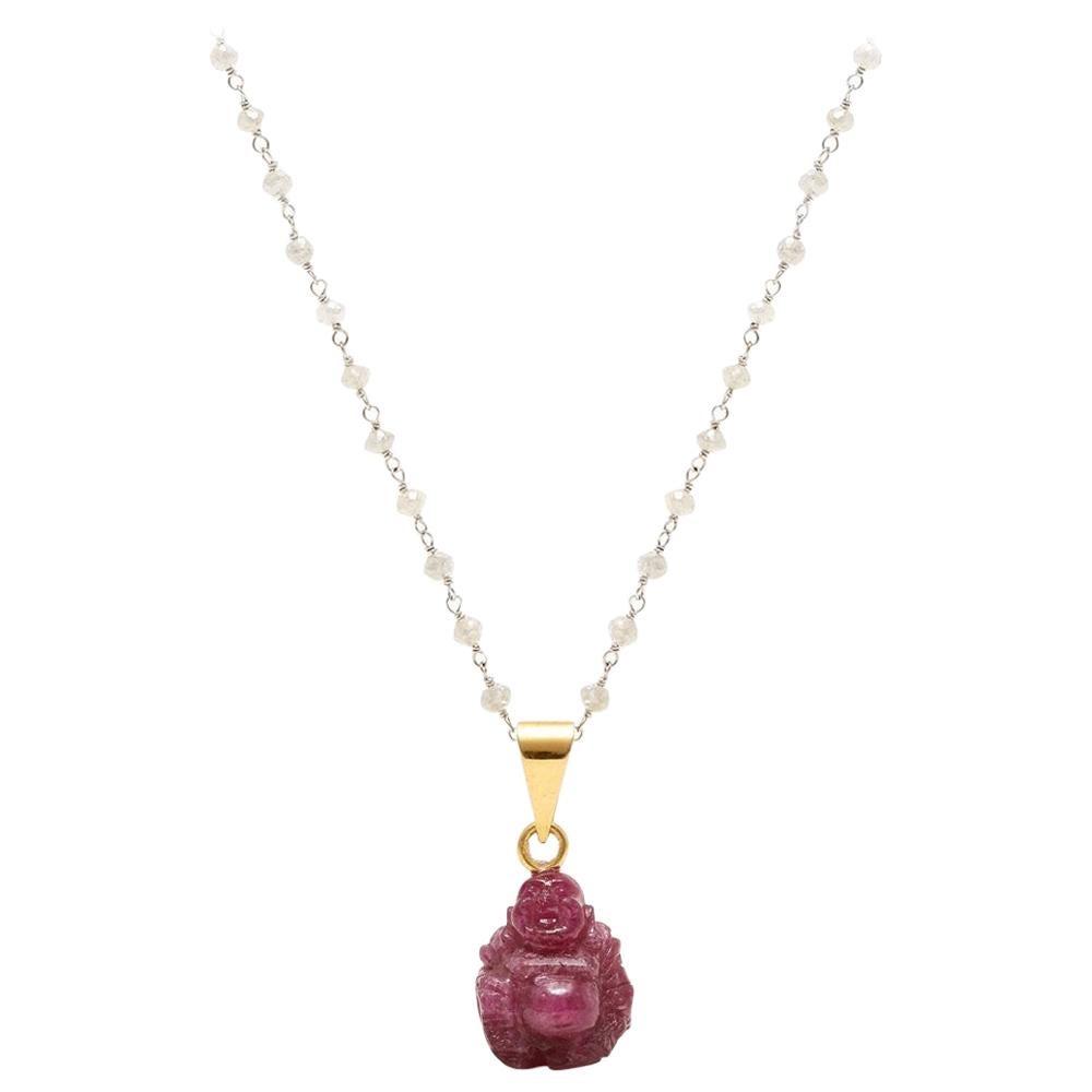 Ruby Buddha White Diamond Pendant Necklace