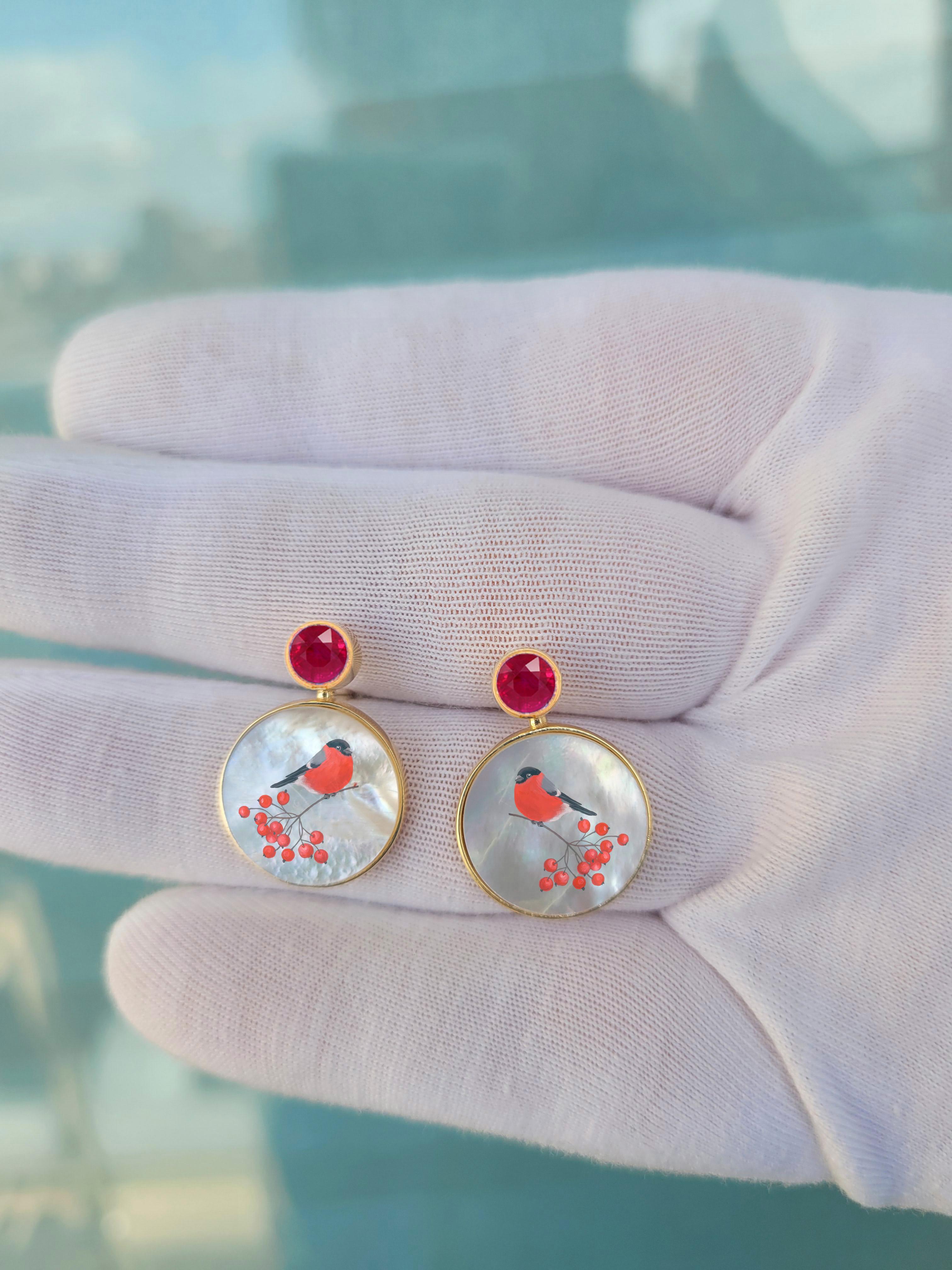 Mother Of Pearl Shell Stud Earrings with round rubies and bullfinch birds on branch drawing. Handmade Paint Flower Shell Earrings with ruby. Beach Wedding bridal stud earrings Mother of pearl beach earrings. Shell paint earrings. Wearable art
