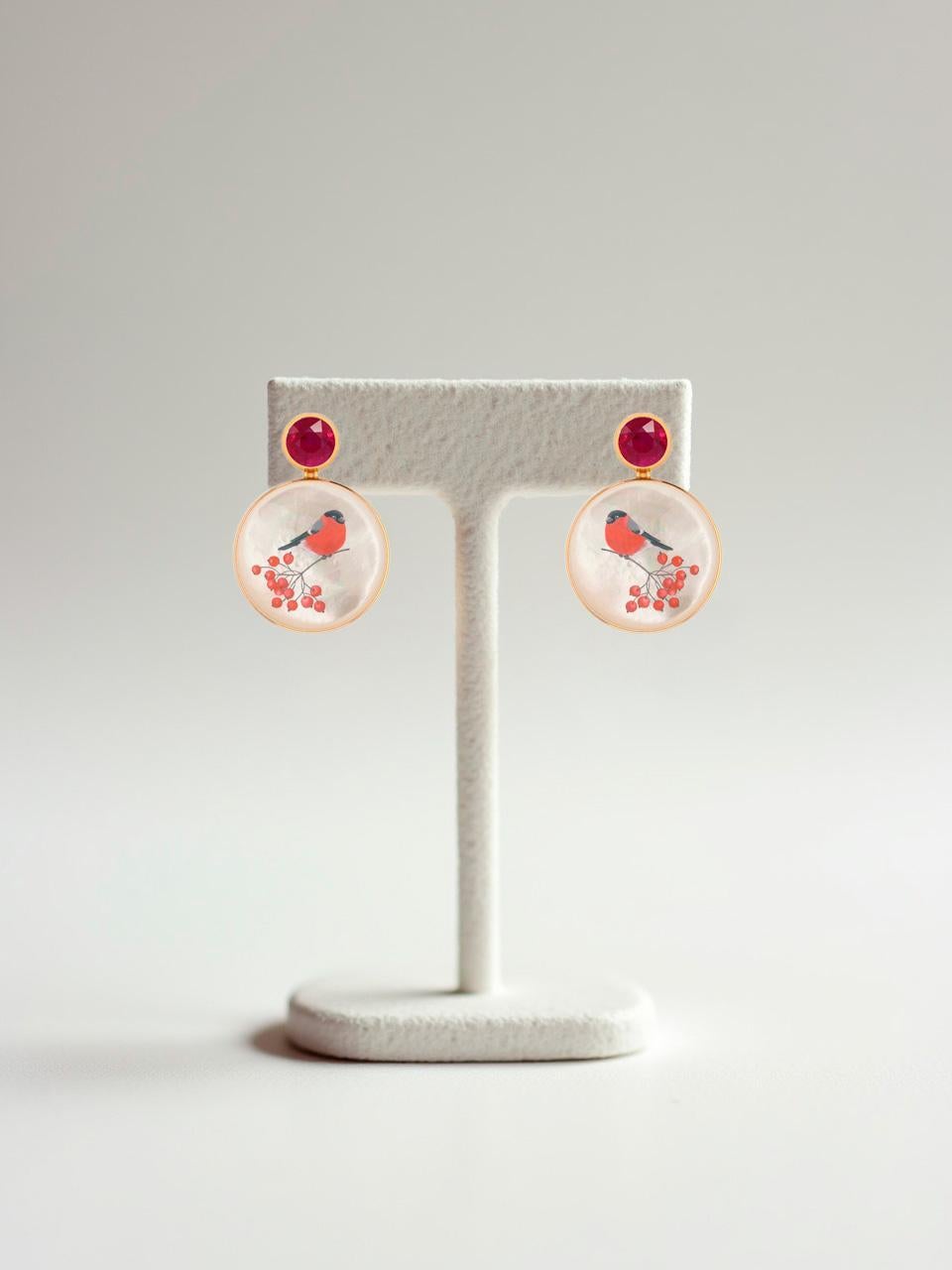 Ruby, bullfinch on branch painting, Mother of pearl earrings studs. In New Condition For Sale In Istanbul, TR