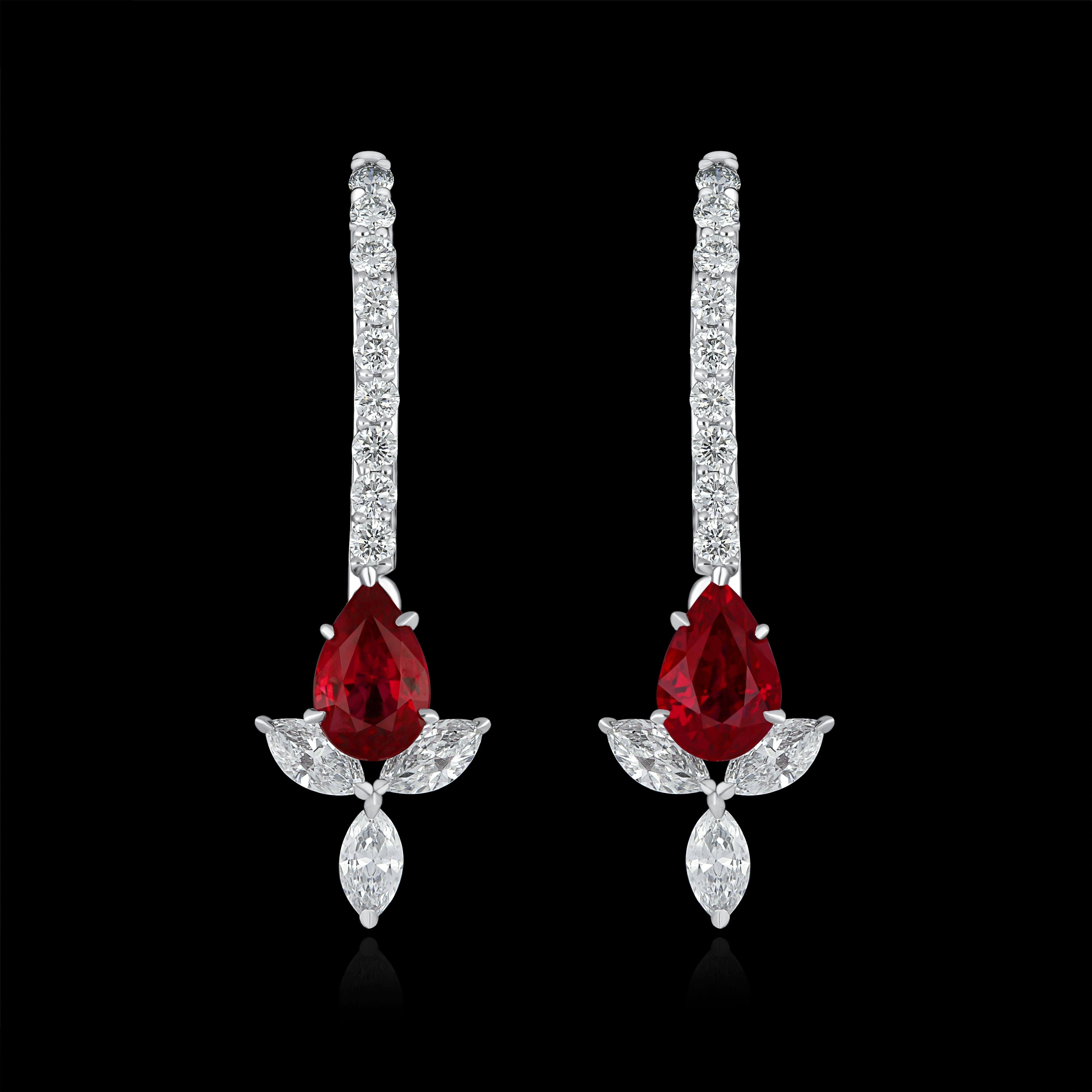 Elegant and exquisitely detailed 18 Karat White Gold Earring , center set with 1.22 Cts .Pear Shape Ruby Burma and micro pave set Diamonds, weighing approx. 0.65 Cts Beautifully Hand crafted in 18 Karat White Gold.

Stone Detail:
Ruby Burma: