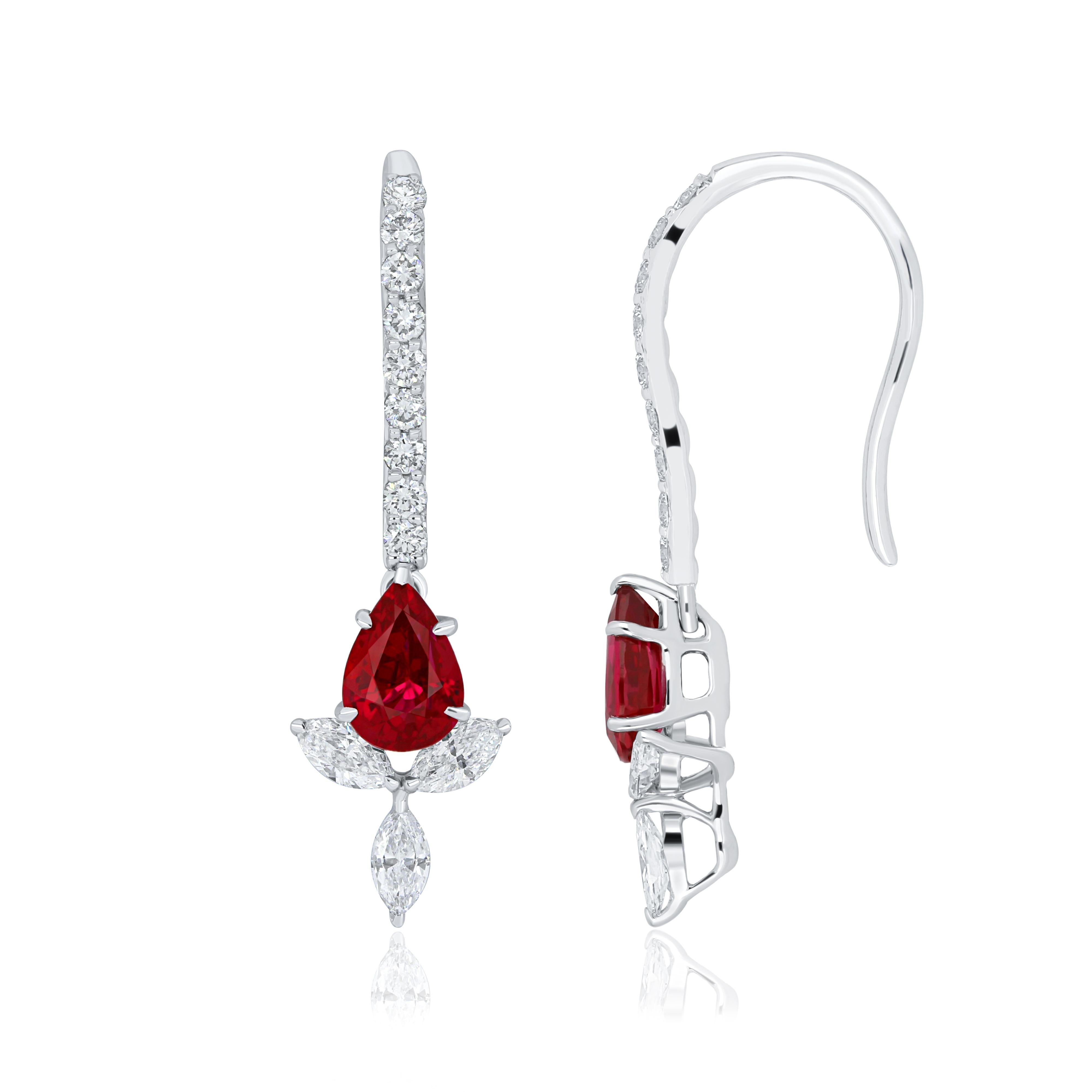 Pear Cut Ruby Burma and Diamond Earring 18 Karat White Gold For Sale