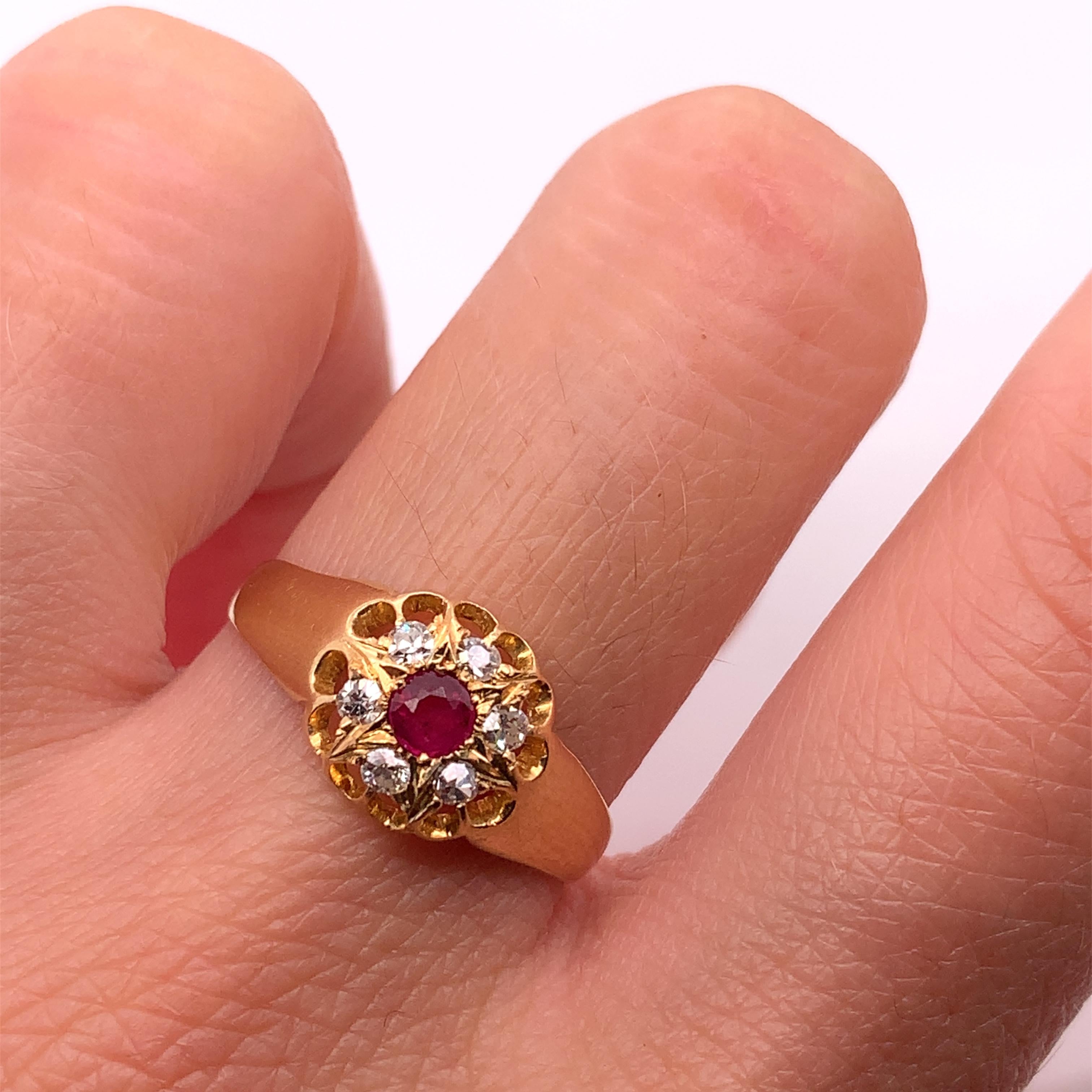 Antique style Ruby And Diamonds Engagement Ring 18k Yellow Gold.

Full British hallmark

Gorgeous Natural unheated Ruby total weight 0.20ct

Beautiful ruby natural gemstone untreated with diamonds antique style engagement ring wedding bridal