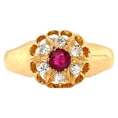 Ruby Burma Diamond Cluster Engagement Ring 18k Yellow Gold
