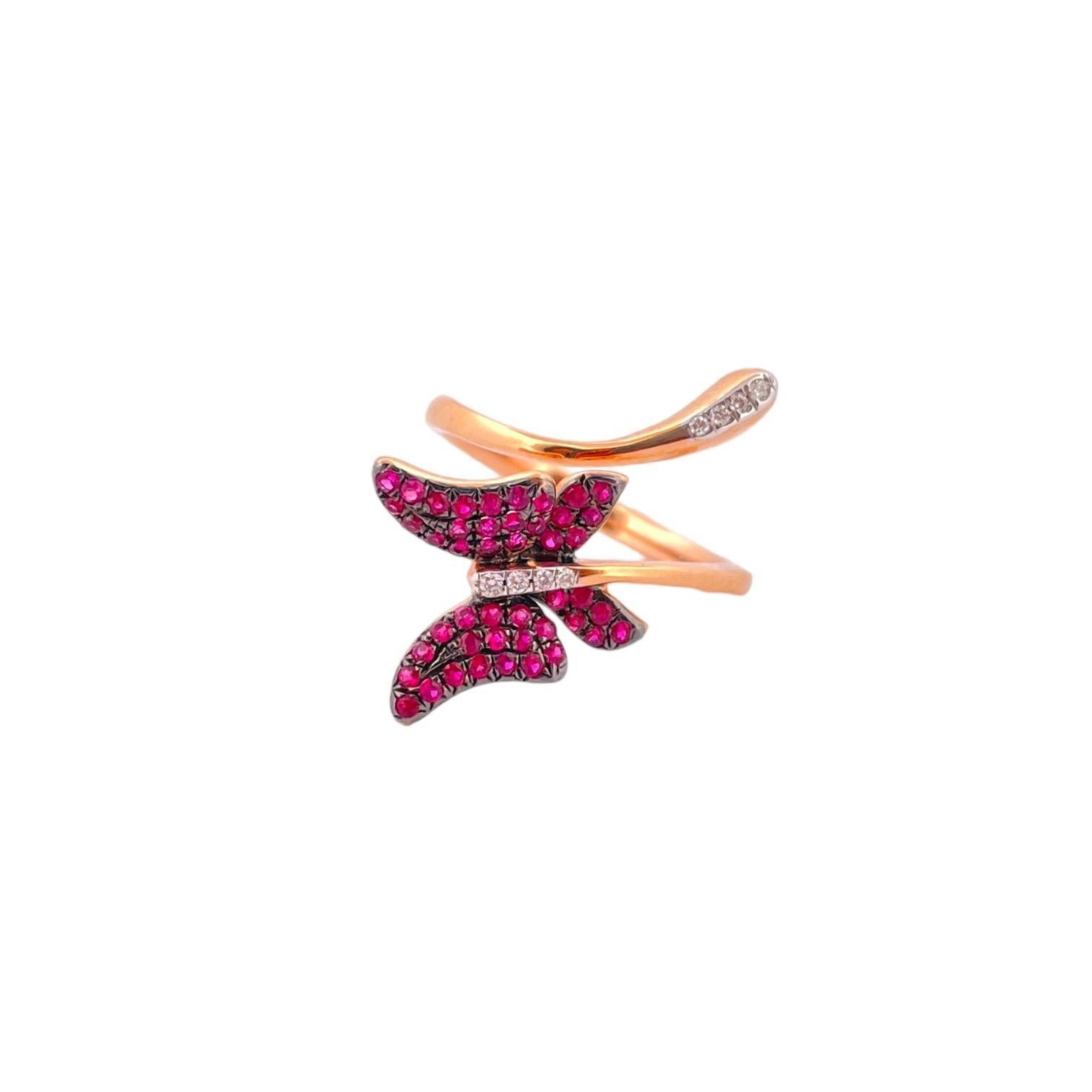 Taglio rotondo Anello con diamante e farfalla di rubino - Oro rosa 18 carati