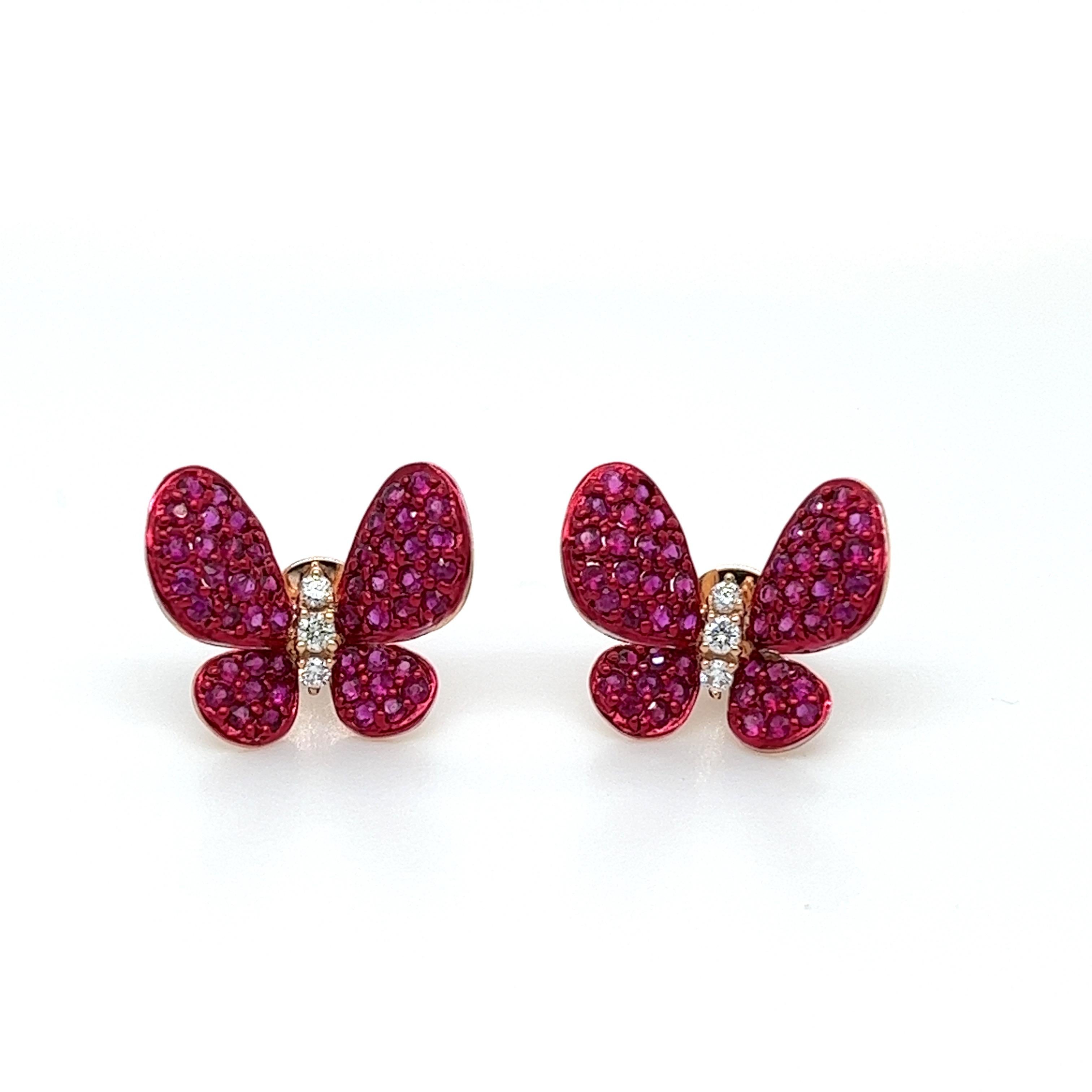 Modern Ruby Butterfly Earrings in 18 Karat Rose Gold For Sale