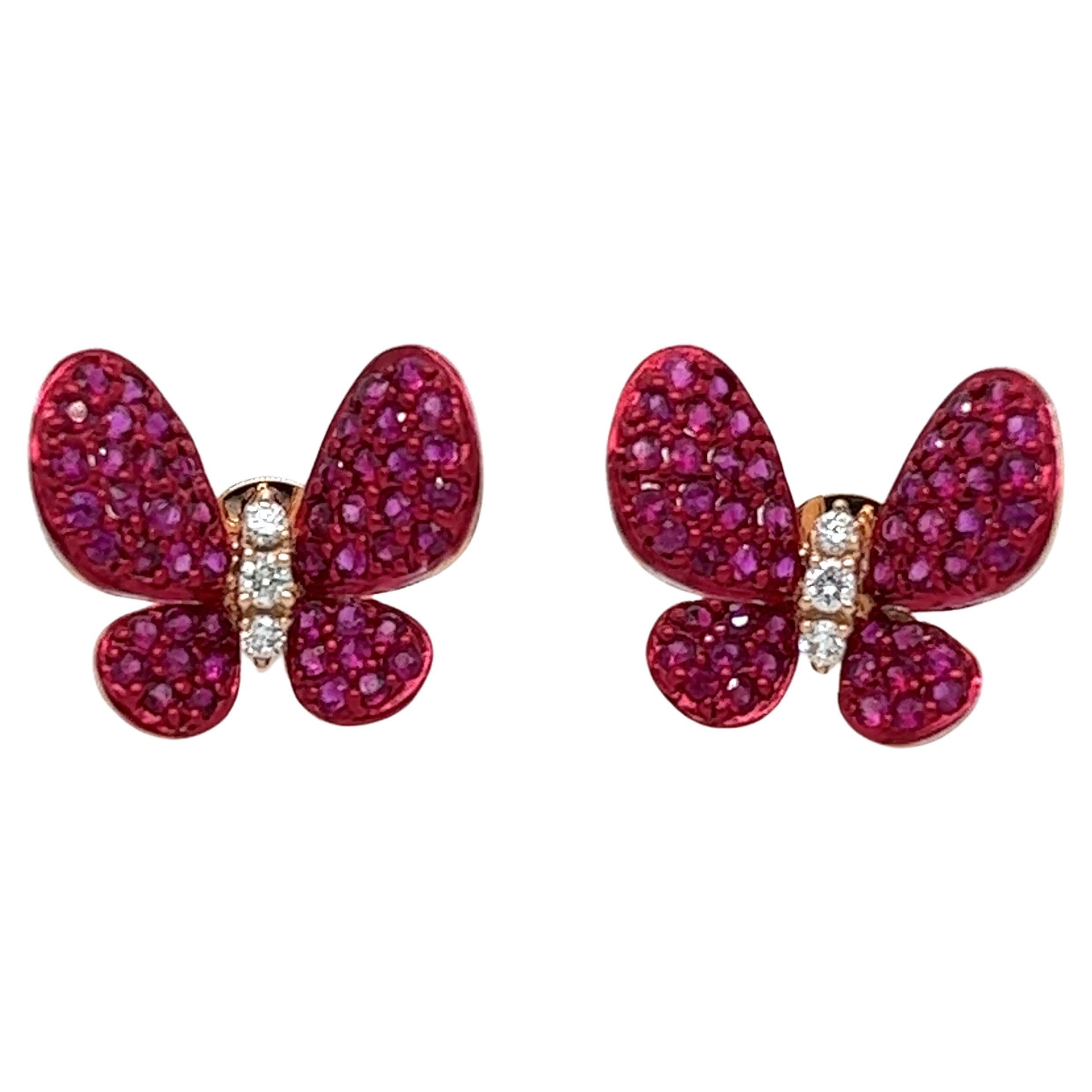 Ruby Butterfly Earrings in 18 Karat Rose Gold For Sale