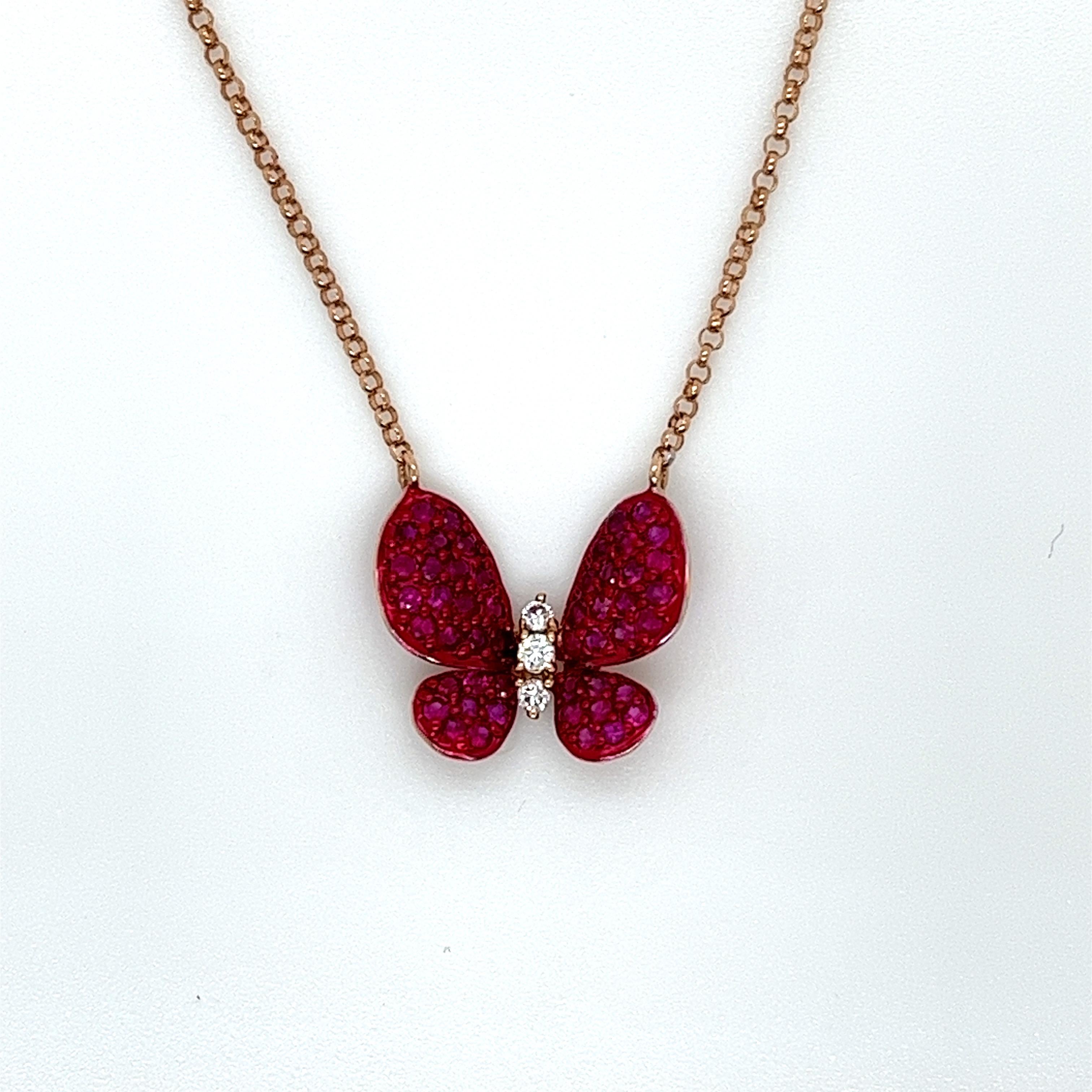 50 pieces of round rubies weighing .52 carats
3 pieces of diamonds weighing .05 carats
18 Karat Rose Gold chain measuring 18 inches
3.46 grams