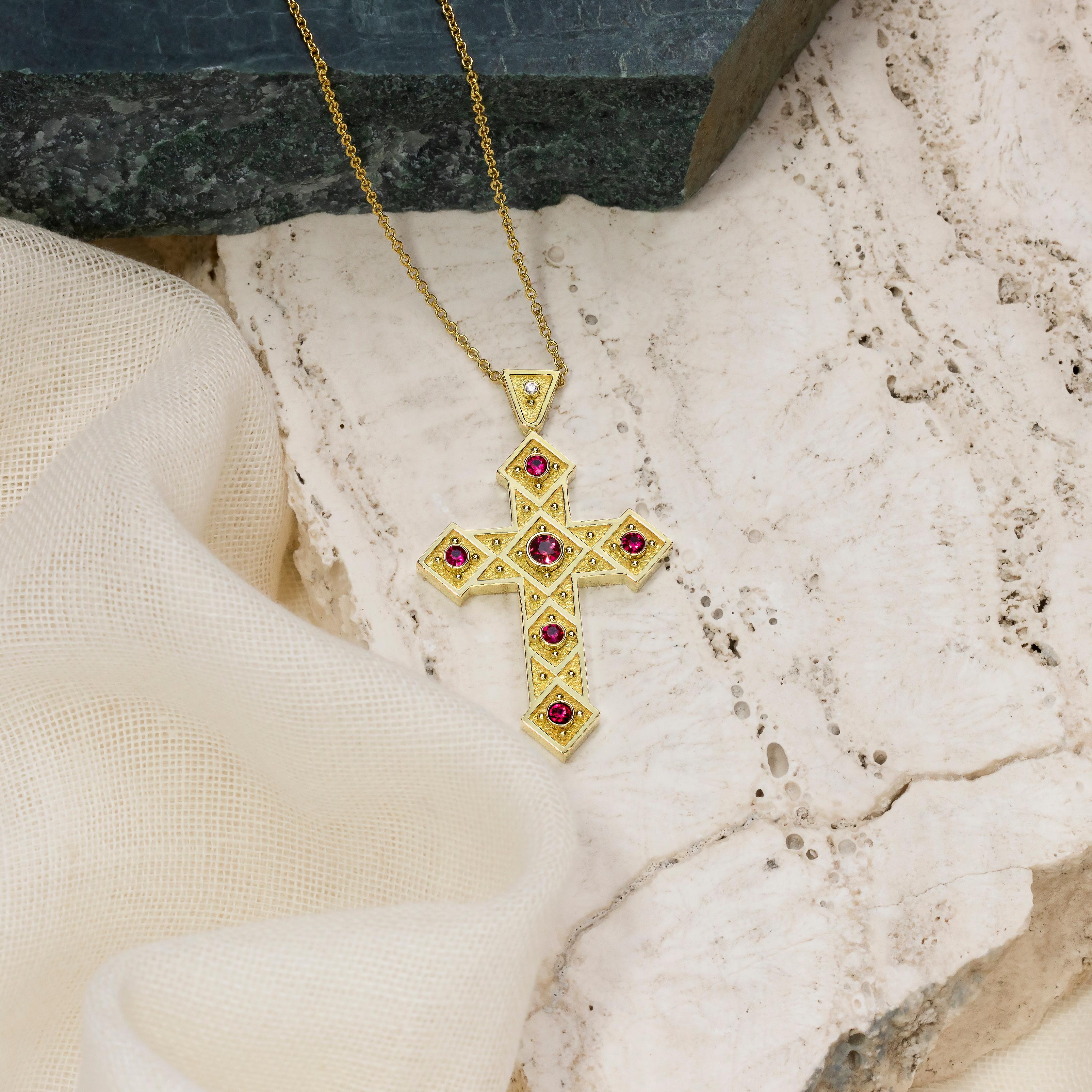 Round Cut Ruby Byzantine Cross Pendant with Squares For Sale
