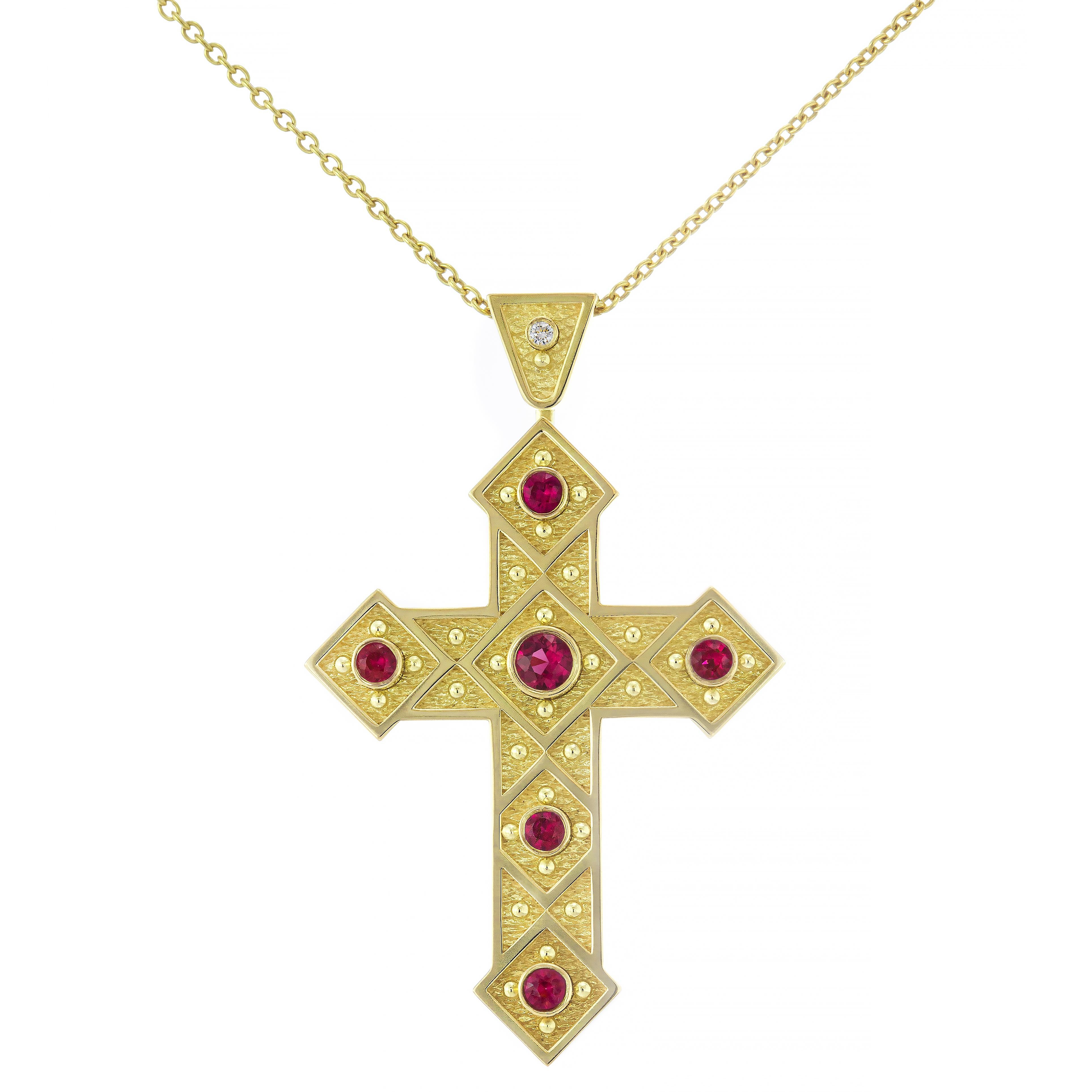 Ruby Byzantine Cross Pendant with Squares In New Condition For Sale In Athens, GR