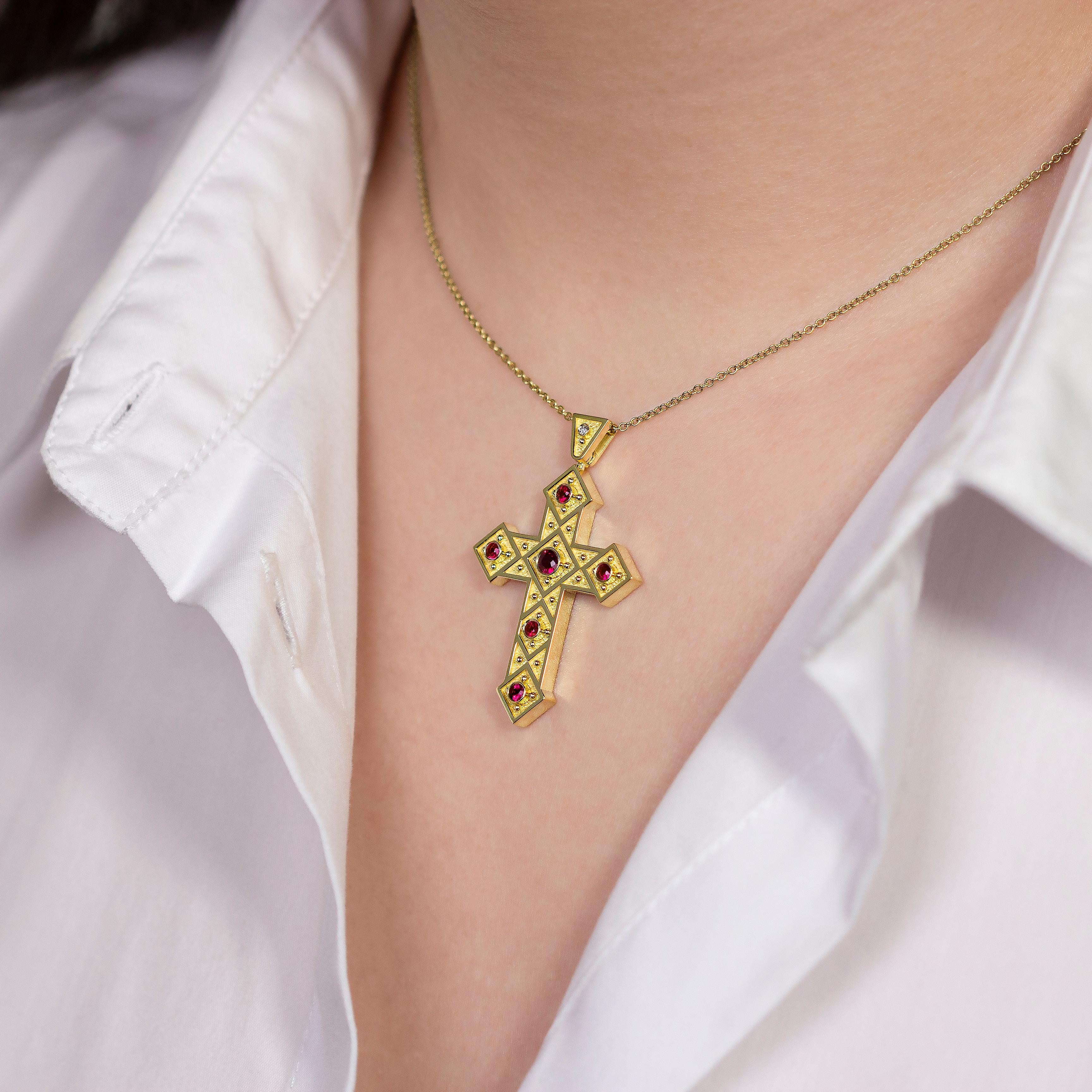Women's Ruby Byzantine Cross Pendant with Squares For Sale