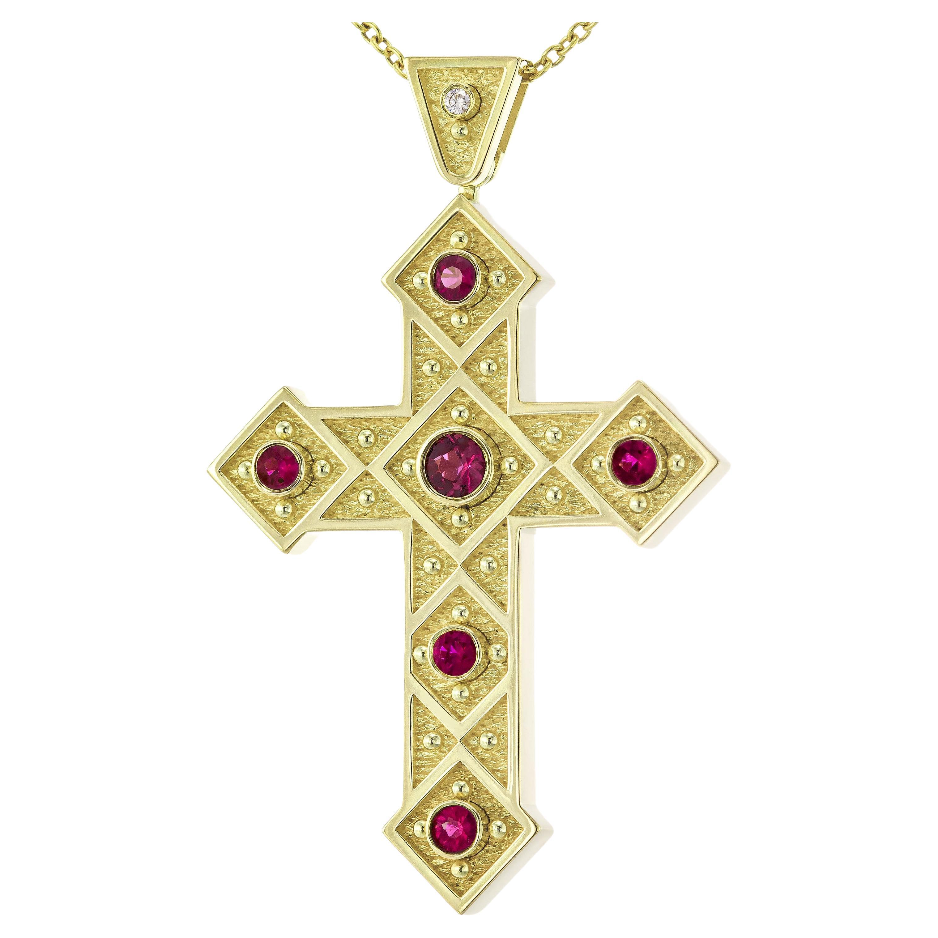 Ruby Byzantine Cross Pendant with Squares For Sale