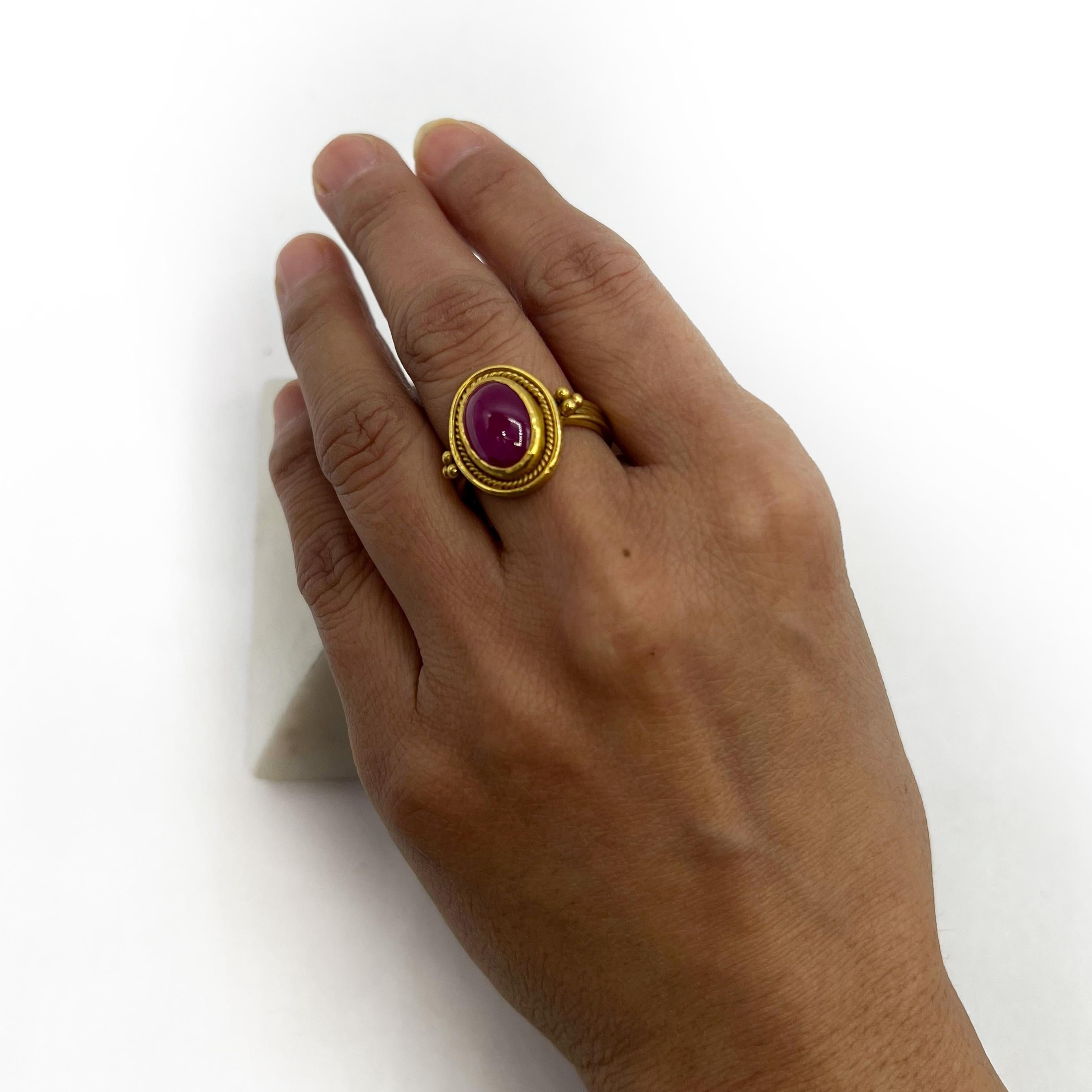 Etruscan Revival Ruby Cabochon 22Karat Gold  Etruscan Style Ring By Daniel Gibbings For Sale