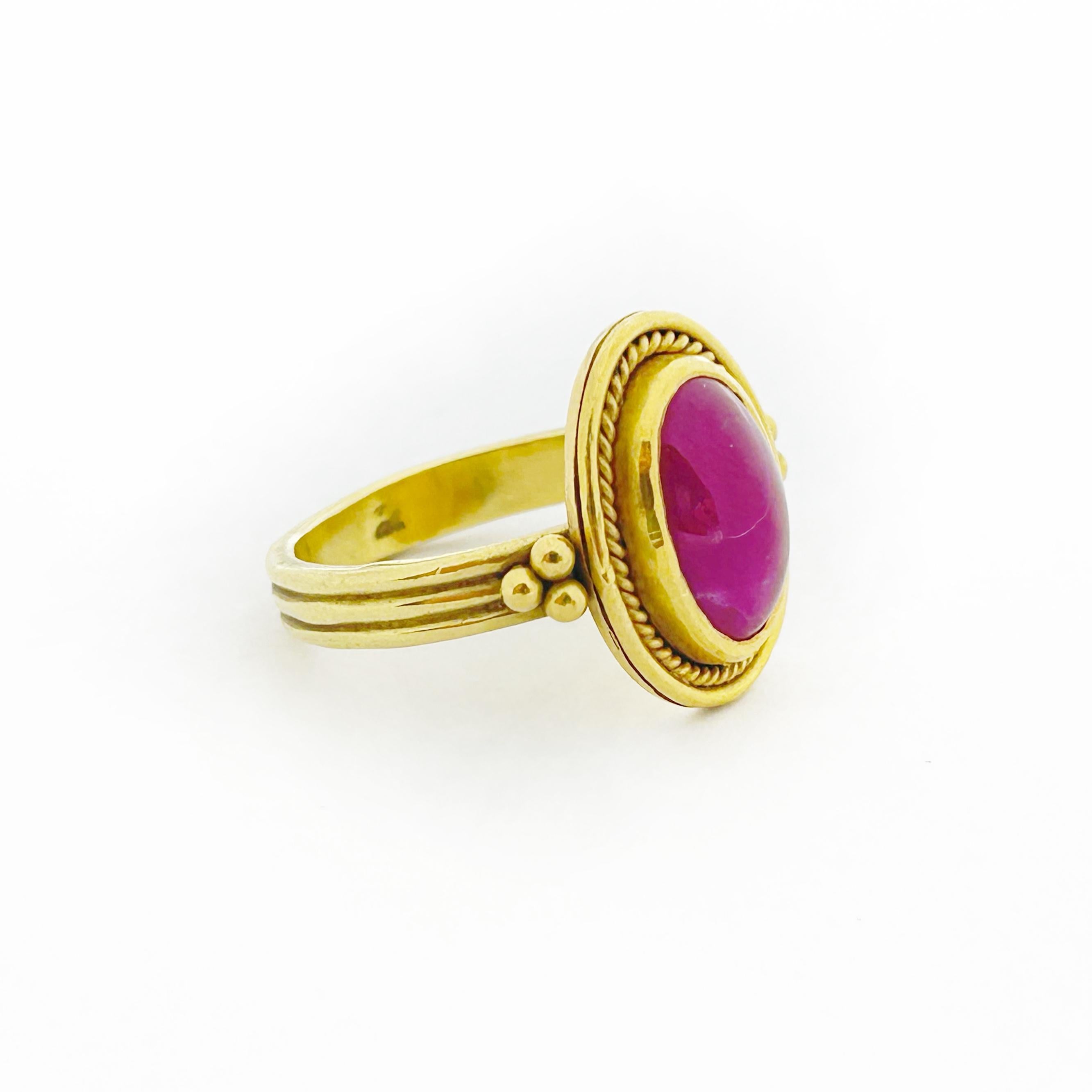 Women's or Men's Ruby Cabochon 22Karat Gold  Etruscan Style Ring By Daniel Gibbings For Sale