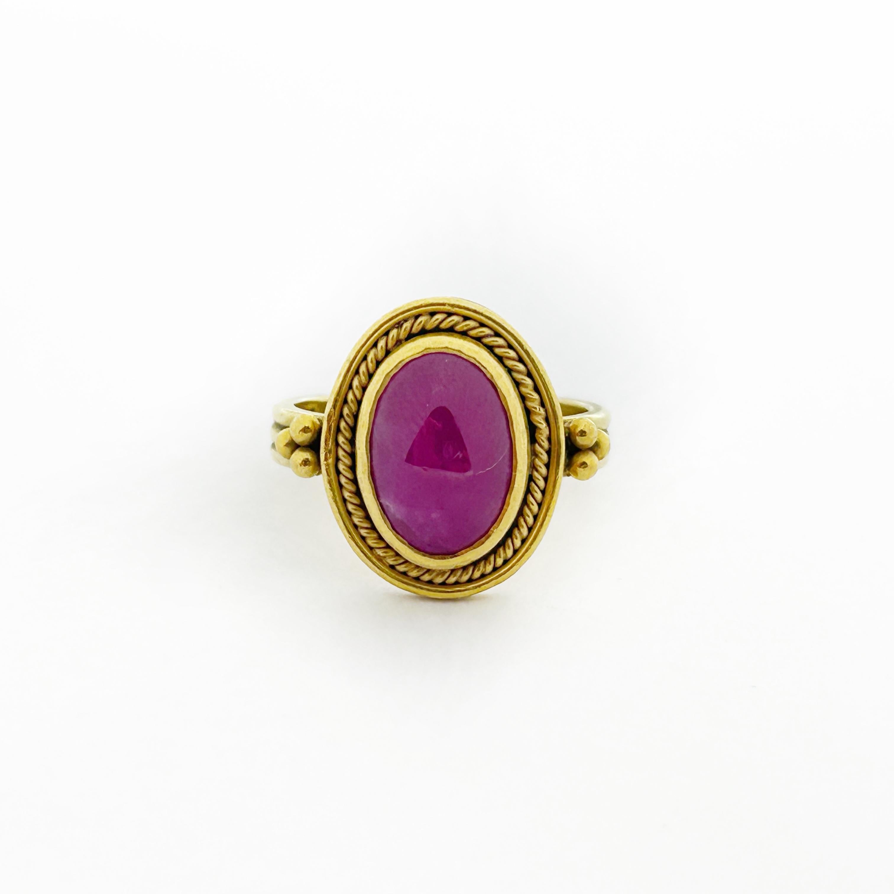 Ruby Cabochon 22Karat Gold  Etruscan Style Ring By Daniel Gibbings For Sale 1