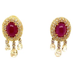 Ruby Cabochon and Diamond Briolette Gold Earrings
