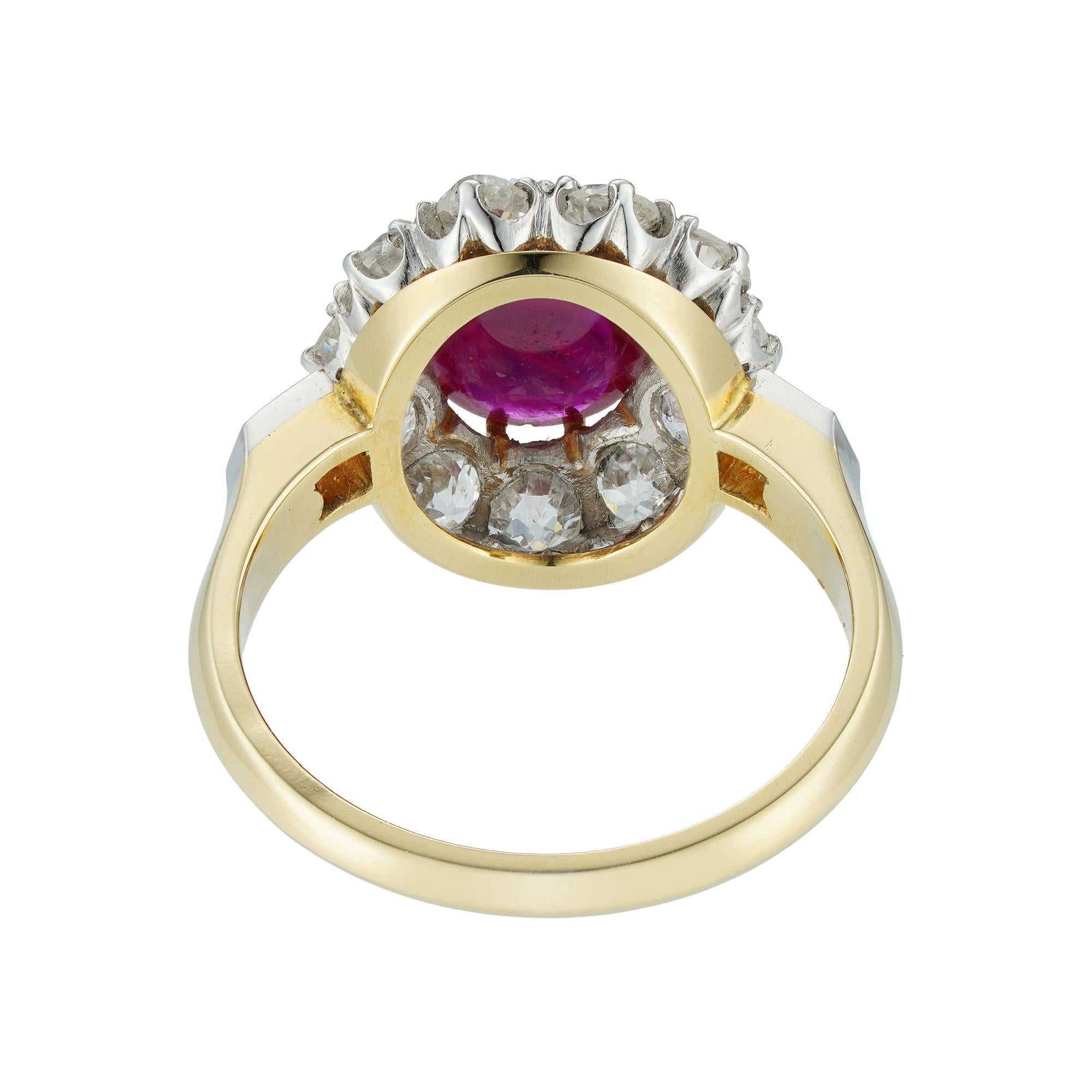 Modern Ruby Cabochon and Diamond Cluster Ring