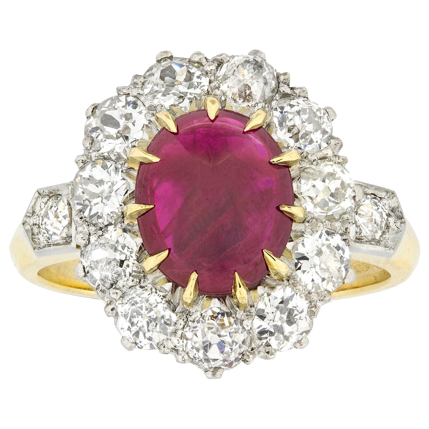Ruby Cabochon and Diamond Cluster Ring