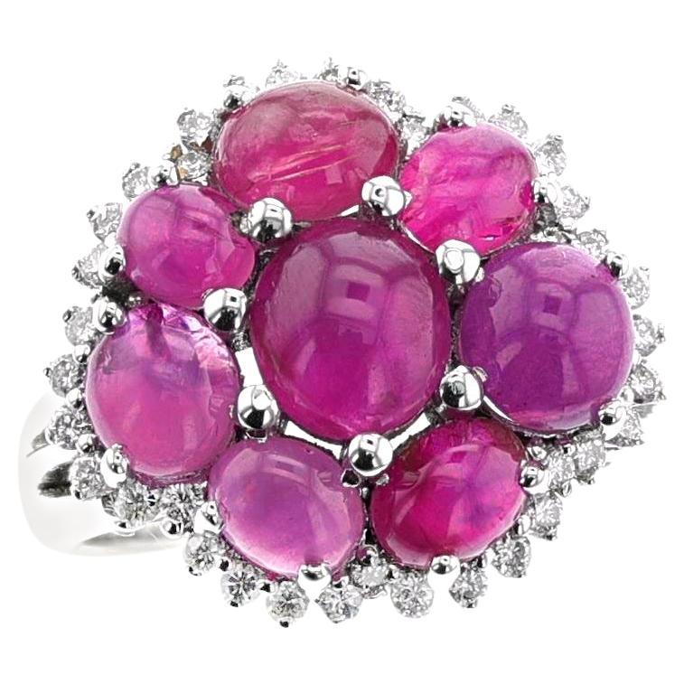 Ruby Cabochon and Diamond Cluster Ring, Platinum