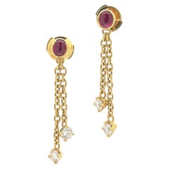 Ruby Cabochon and Diamond Drop Earrings, 18KT Yellow Gold