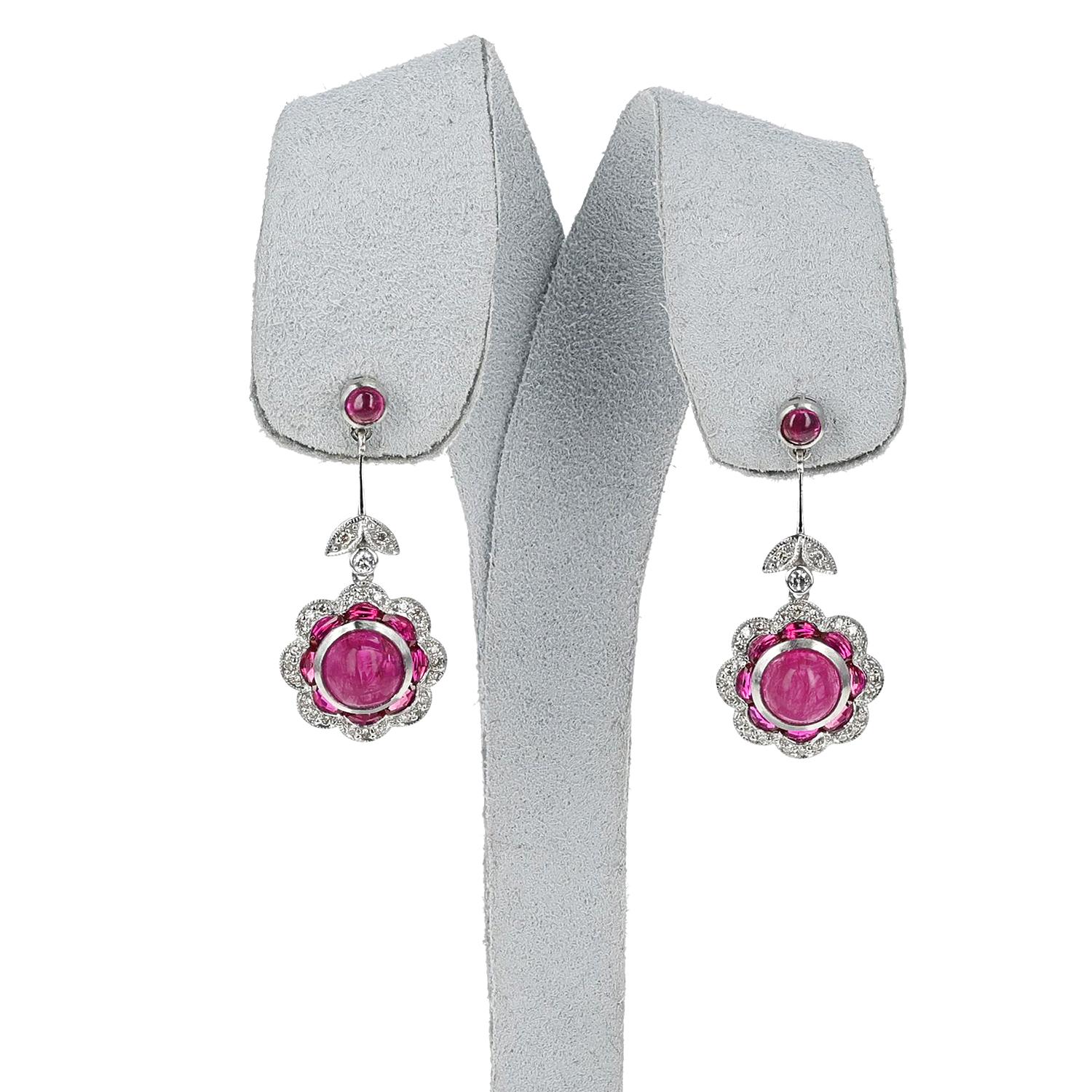Ruby Cabochon and Diamond Earrings, Platinum In Excellent Condition For Sale In New York, NY