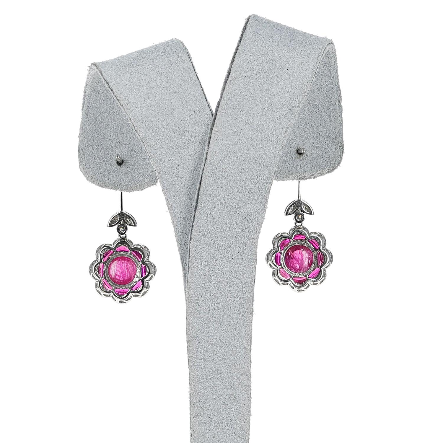 Women's or Men's Ruby Cabochon and Diamond Earrings, Platinum For Sale
