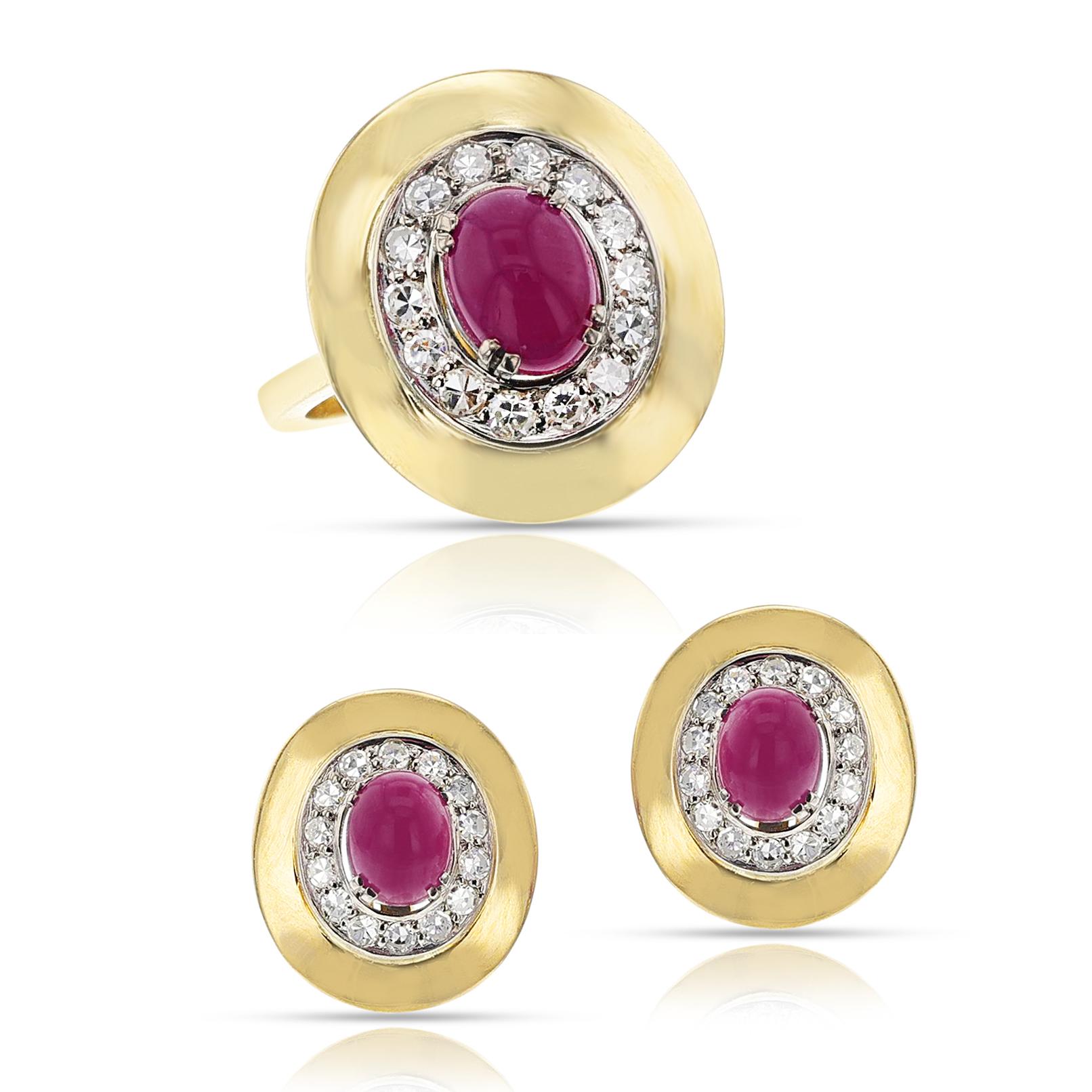 Cabochon Set di anelli e orecchini con cabochon di rubino e diamanti, 18k e palladio in vendita