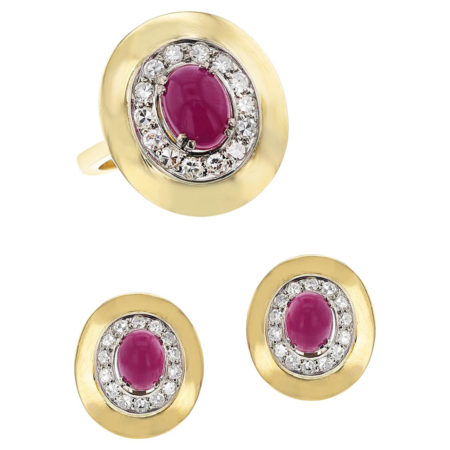 Ruby Cabochon and Diamond Ring and Earring Set, 18k and Palladium