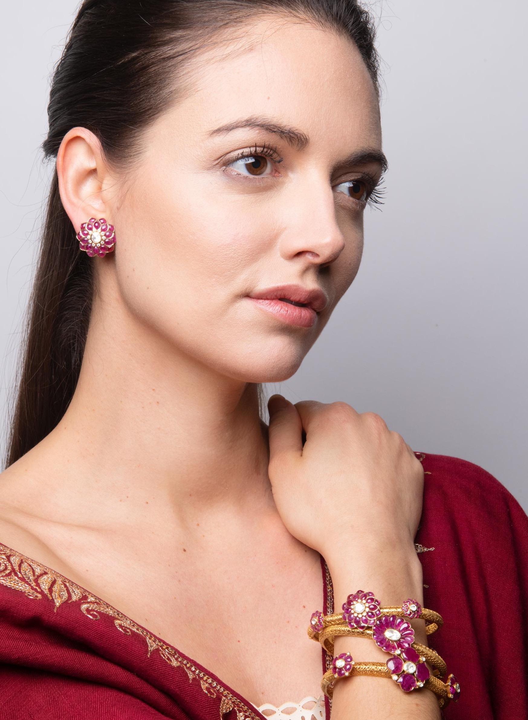 Modern Manpriya B Ruby Cabochon and Rose-Cut Diamond 18 Karat Gold Stud Earrings For Sale