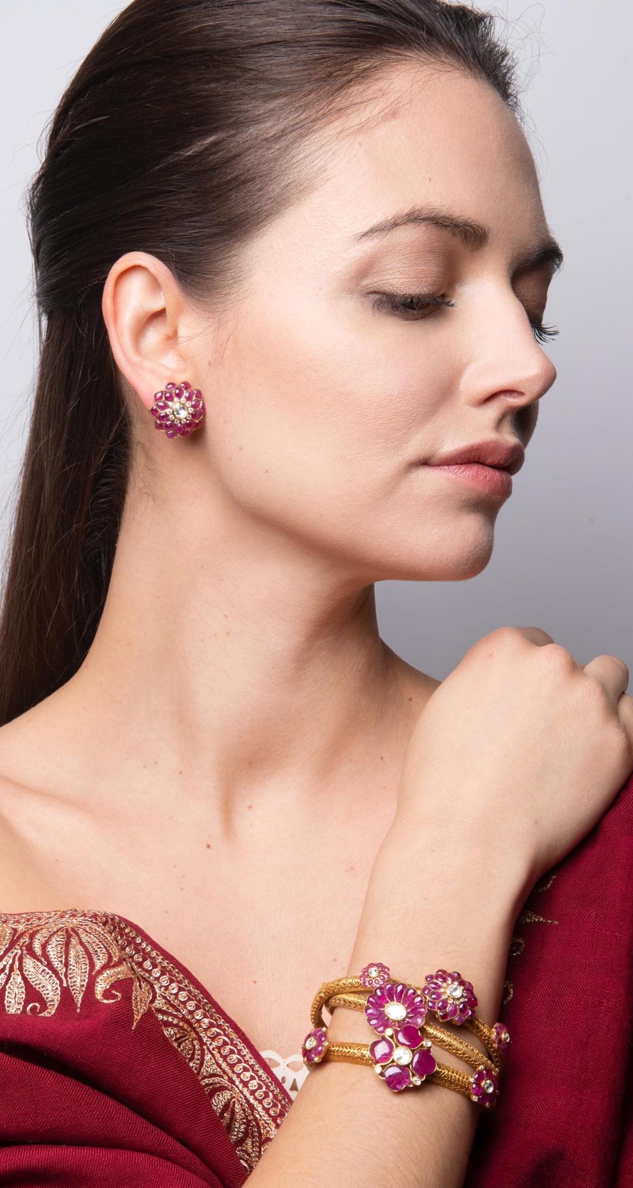 Round Cut Manpriya B Ruby Cabochon and Rose-Cut Diamond 18 Karat Gold Stud Earrings For Sale