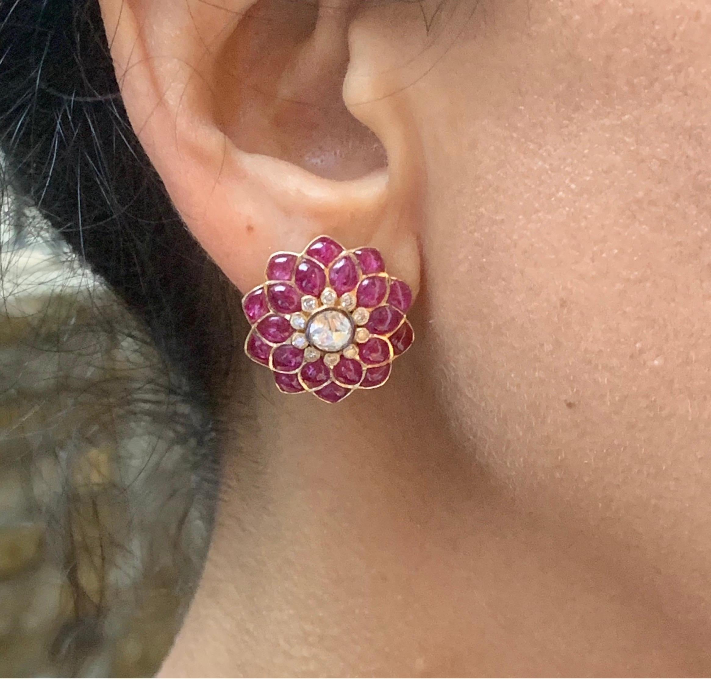 Women's or Men's Manpriya B Ruby Cabochon and Rose-Cut Diamond 18 Karat Gold Stud Earrings For Sale