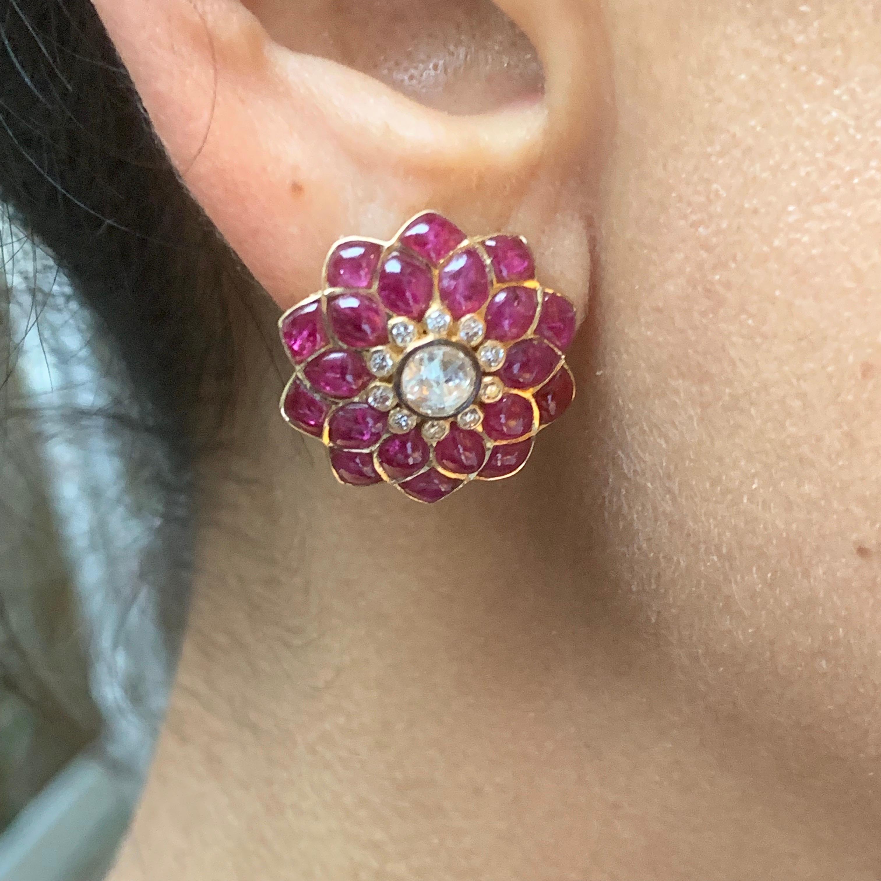 Manpriya B Ruby Cabochon and Rose-Cut Diamond 18 Karat Gold Stud Earrings For Sale 1