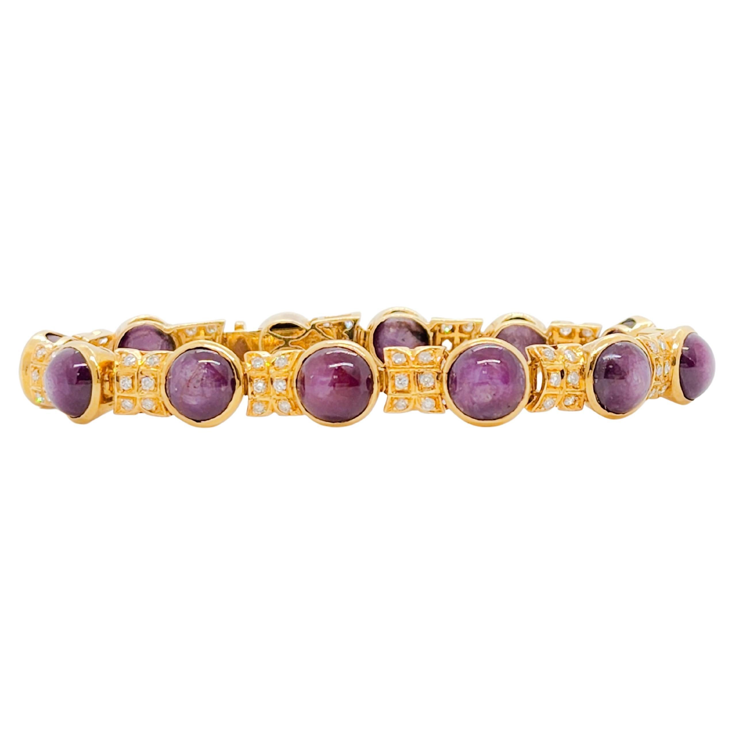 Star Ruby Cabochon and White Diamond Bracelet in 18k Yellow Gold