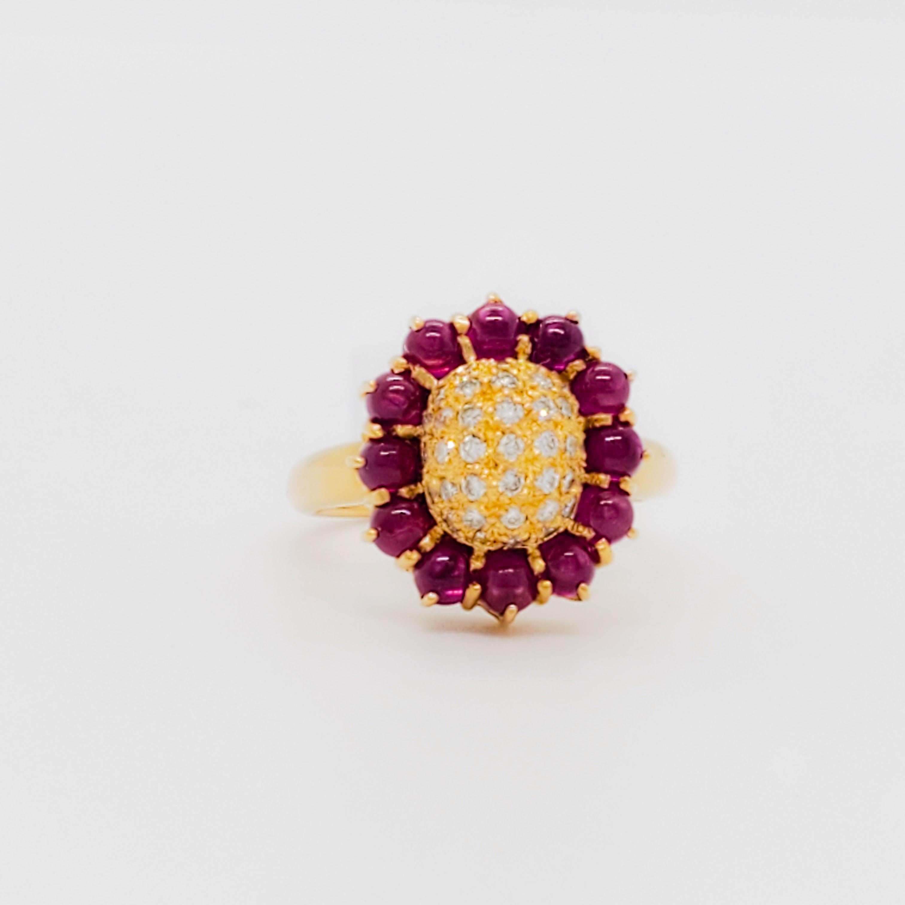 Round Cut Ruby Cabochon and White Diamond Flower Cluster Ring in 18k Yellow Gold For Sale