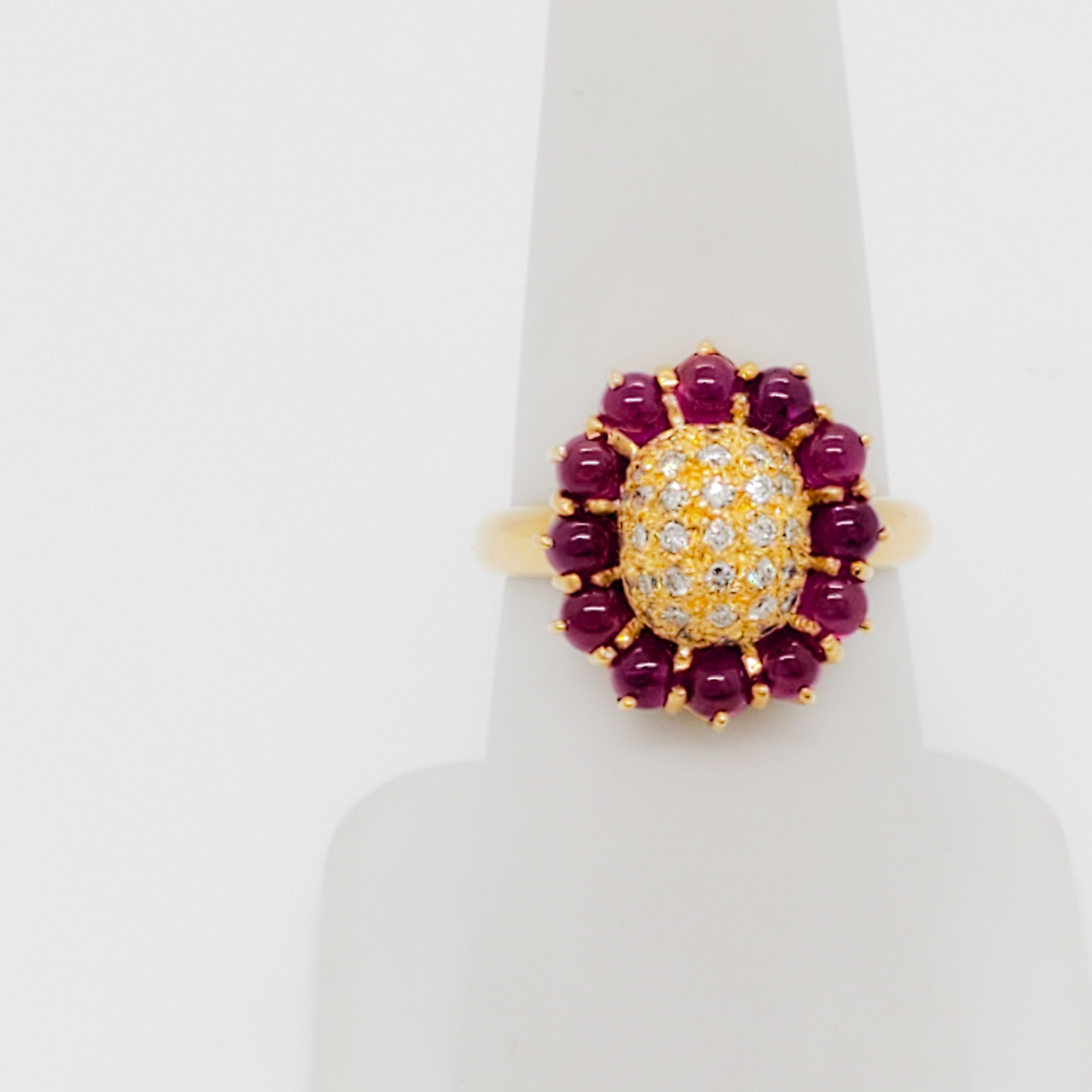 Ruby Cabochon and White Diamond Flower Cluster Ring in 18k Yellow Gold In New Condition For Sale In Los Angeles, CA