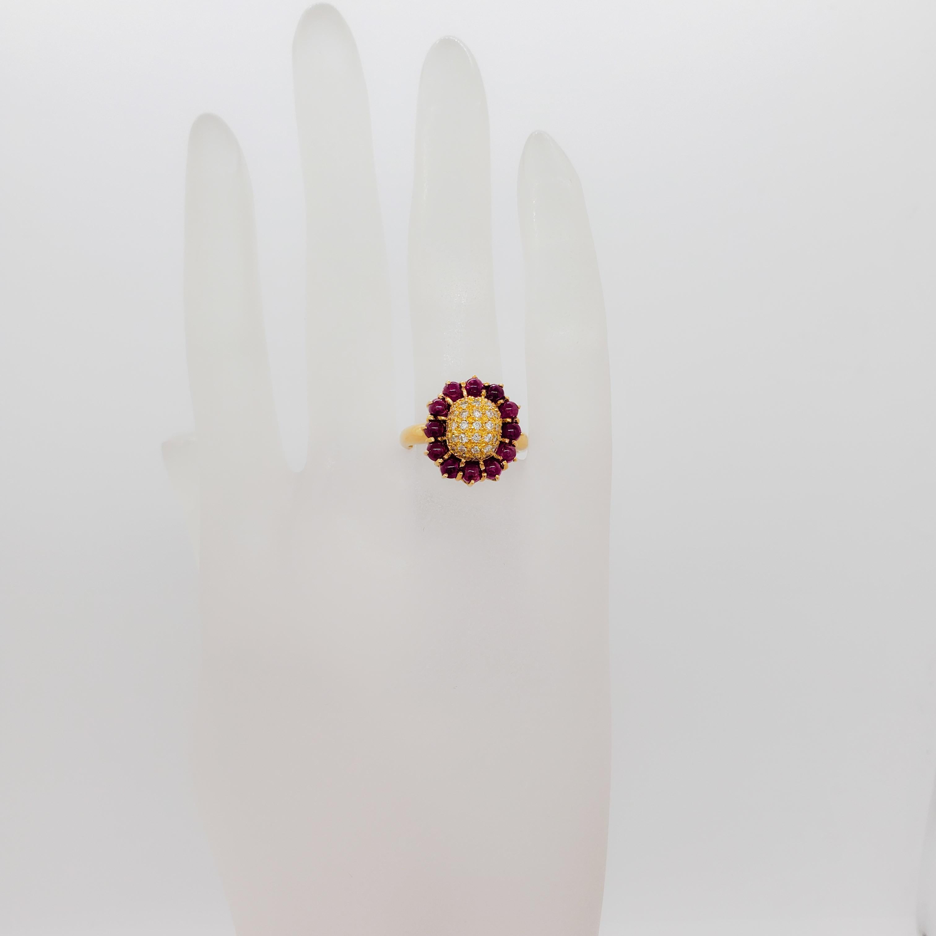 Women's or Men's Ruby Cabochon and White Diamond Flower Cluster Ring in 18k Yellow Gold For Sale