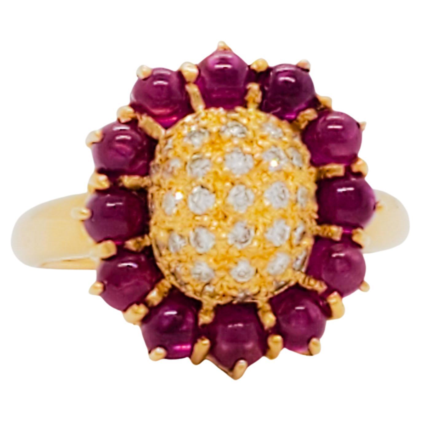 Ruby Cabochon and White Diamond Flower Cluster Ring in 18k Yellow Gold For Sale