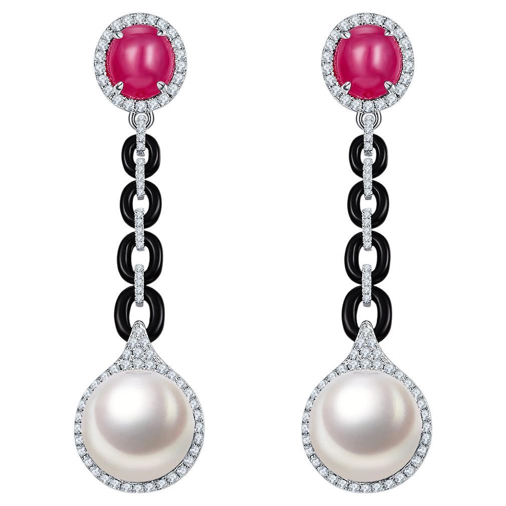 Boucles d'oreilles en or blanc avec cabochon de rubis émeraude, onyx noir, diamants et perle des mers du Sud en vente