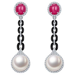 Eostre Ruby Cabochon, Black Onyx, Diamond and South Sea Pearl White Gold Earring