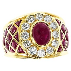 Vintage Ruby Cabochon Cocktail Ring with Rubies and Diamonds, 18k